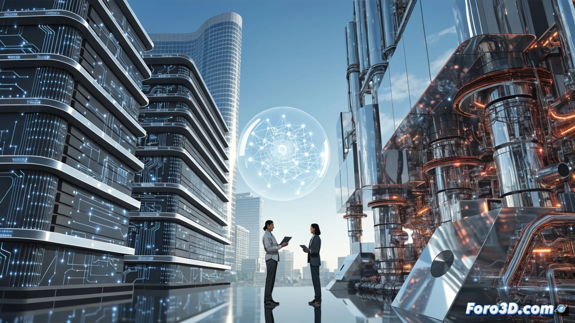 Jabil and Adani engineers collaborating on AI data center infrastructure in India, server racks being installed with glowing blue fiber optic cables, robotic arms placing GPU clusters into liquid cooling chambers, holographic interface displaying real-time power efficiency metrics, technical illustration style, photorealistic industrial lighting, clean white and blue color palette, ultra-detailed circuit boards and cooling pipes, dramatic shadows emphasizing scale of the facility