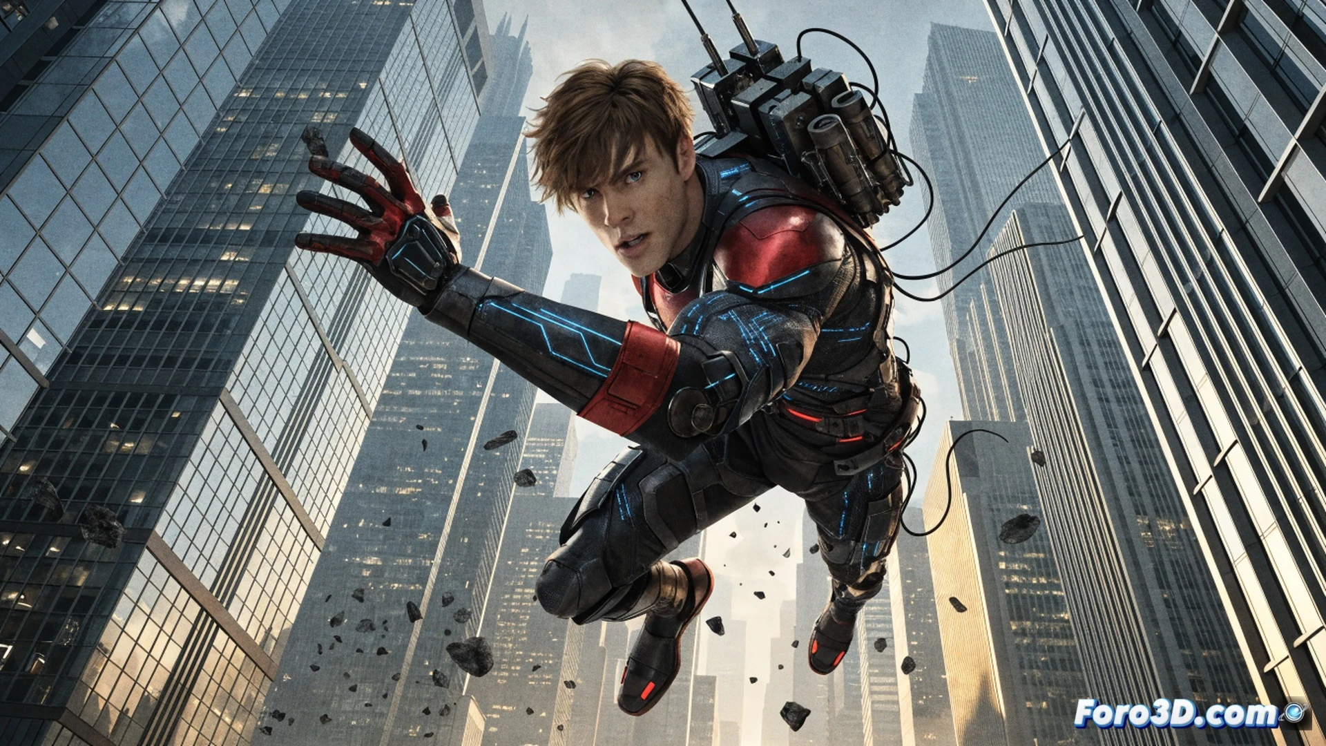 Jack Quaid como Gravitator en Invencible, inventor manipulando gravedad en laboratorio futurista, dispositivos tecnológicos flotando a su alrededor, herramientas de ingeniería y componentes metálicos suspendidos en el aire, ondas gravitacionales visibles distorsionando el espacio, fondo con pantallas de hologramas y paneles de control, estilo cinematográfico con iluminación dramática azul y naranja, texturas metálicas detalladas, partículas brillantes orbitando, demostrando control preciso de fuerzas, acción dinámica mientras objetos se elevan, render técnico fotorrealista, alta definición, sombras profundas, reflejos especulares en superficies pulidas.