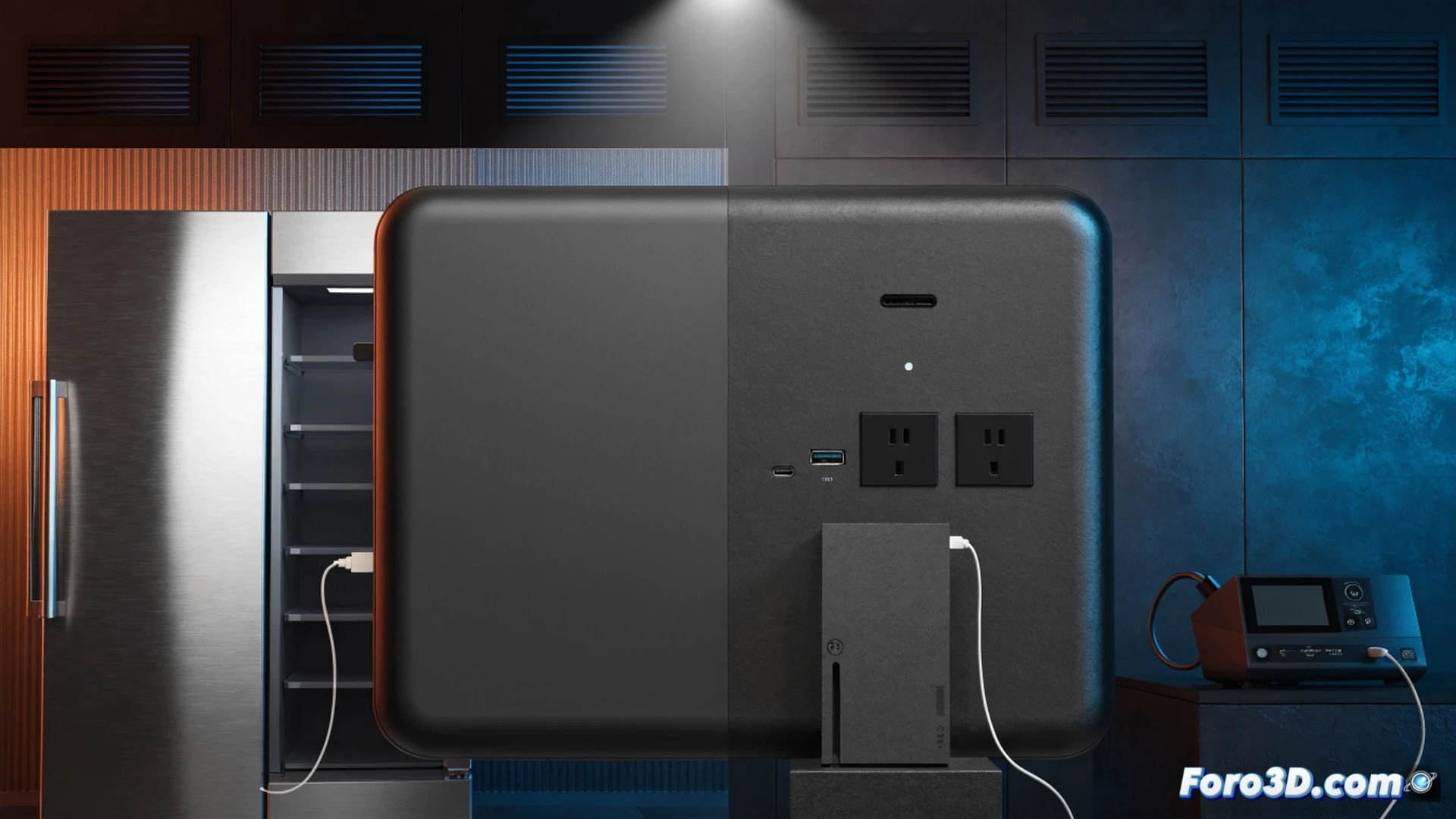 Ultra-thin Jackery FridgeGuard battery pack connected to an open refrigerator during a power outage, cool air visibly escaping from shelves while LED interior lights remain on, a console controller and a portable ventilator plugged into its secondary ports, glossy white battery with digital display showing remaining charge, kitchen countertop setting with dim ambient lighting, cables neatly routed, photorealistic technical product render, cinematic composition, sharp focus on battery thickness compared to fridge door, dramatic emergency lighting effect, hyper-detailed plastic surface textures, realistic shadow gradients