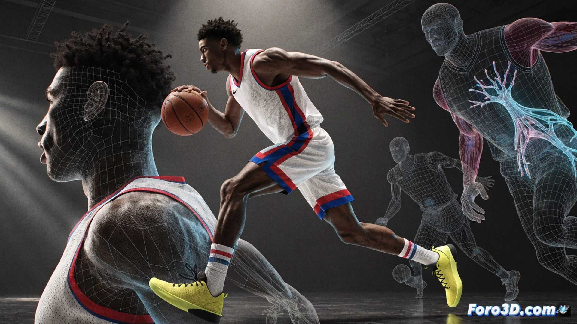 basketball player Jaden Ivey exploding off the hardwood with a powerful first step, left foot driving forward, right hand cradling the ball low, muscles tensed under jersey, motion trail lines tracing his acceleration vector, 3D skeletal overlay highlighting hip flexion and ankle extension, biomechanical analysis interface floating beside him showing joint angles and force arrows, photorealistic technical illustration, cinematic arena lighting with dramatic shadows, high-speed motion blur on background defenders, ultra-detailed muscle definition and shoe grip deformation, engineering visualization style