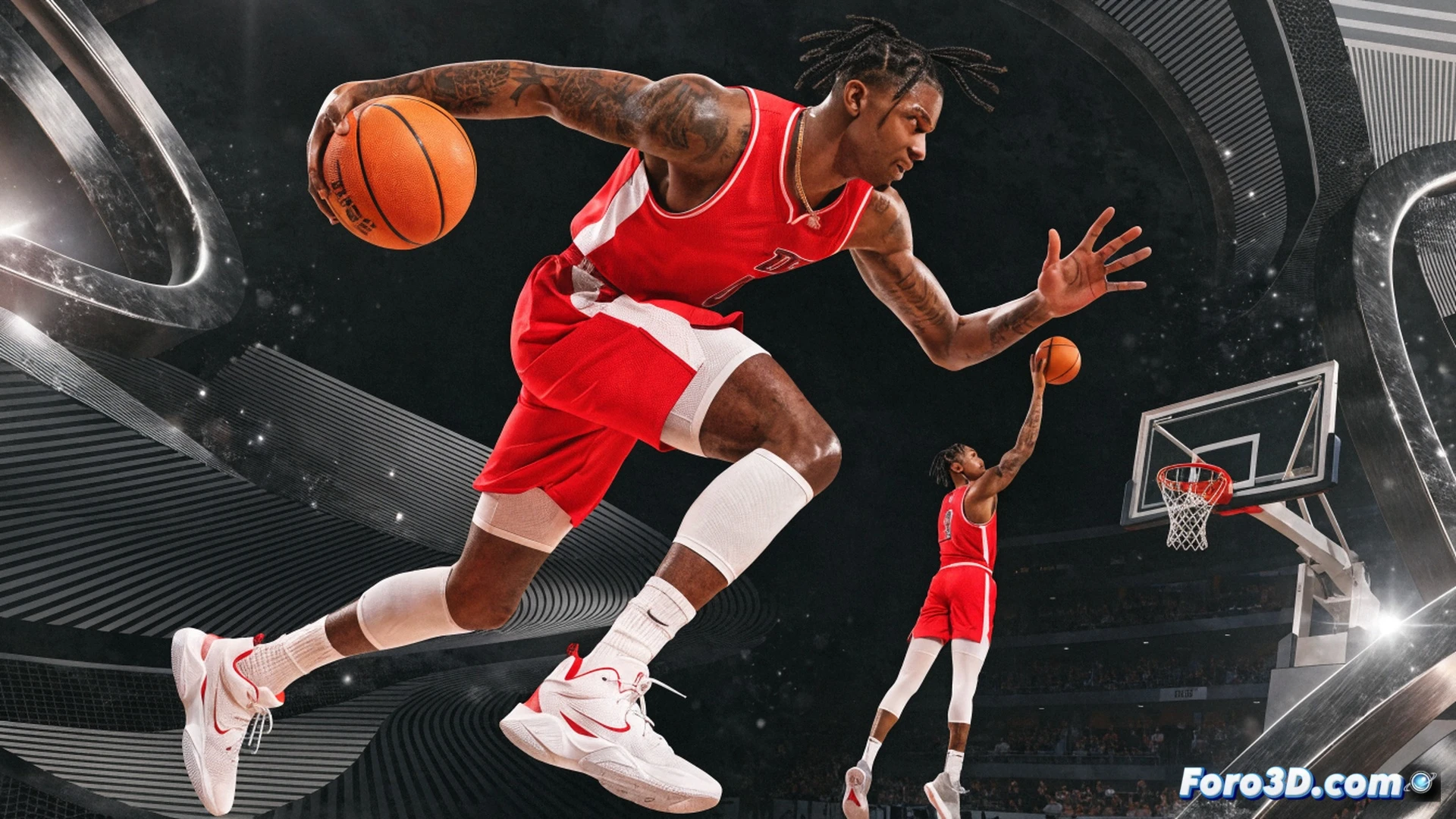 basketball player mid-air driving to the rim, left hand extending for a layup, right defender sliding into frame, motion blur on jersey number, court floor perspective with three-point arc visible, translucent 3D wireframe overlay tracking player trajectory and decision points, glowing red and blue heatmap on chest indicating acceleration zones, cinematic sports biomechanics visualization, dark arena background with spotlights, photorealistic player model, dynamic pose showing explosive verticality, technical ghost trails of previous movement steps, ultra-detailed muscle tension and shoe deformation