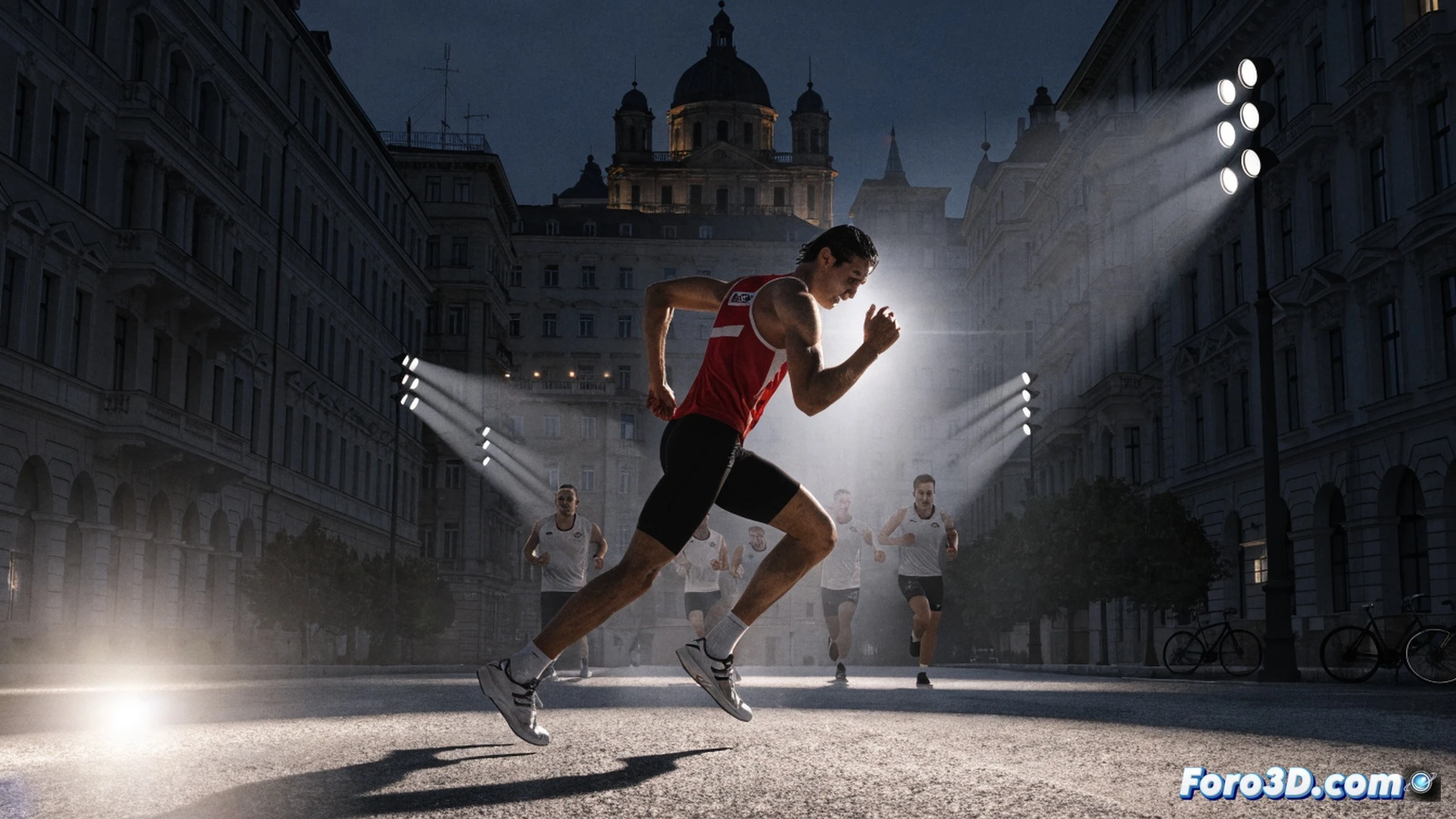 marathon runner in orange jersey overtaking competitors on a forest trail, mud splashing from worn running shoes, sweat droplets frozen mid-air, muscular leg strain visible, uphill sprint action, morning mist filtering through pine trees, race bib number visible, photorealistic sports photography style, golden sunrise backlight, motion blur on trailing runners, dramatic athletic pose, high-contrast lighting, ultra-detailed fabric texture, cinematic depth of field