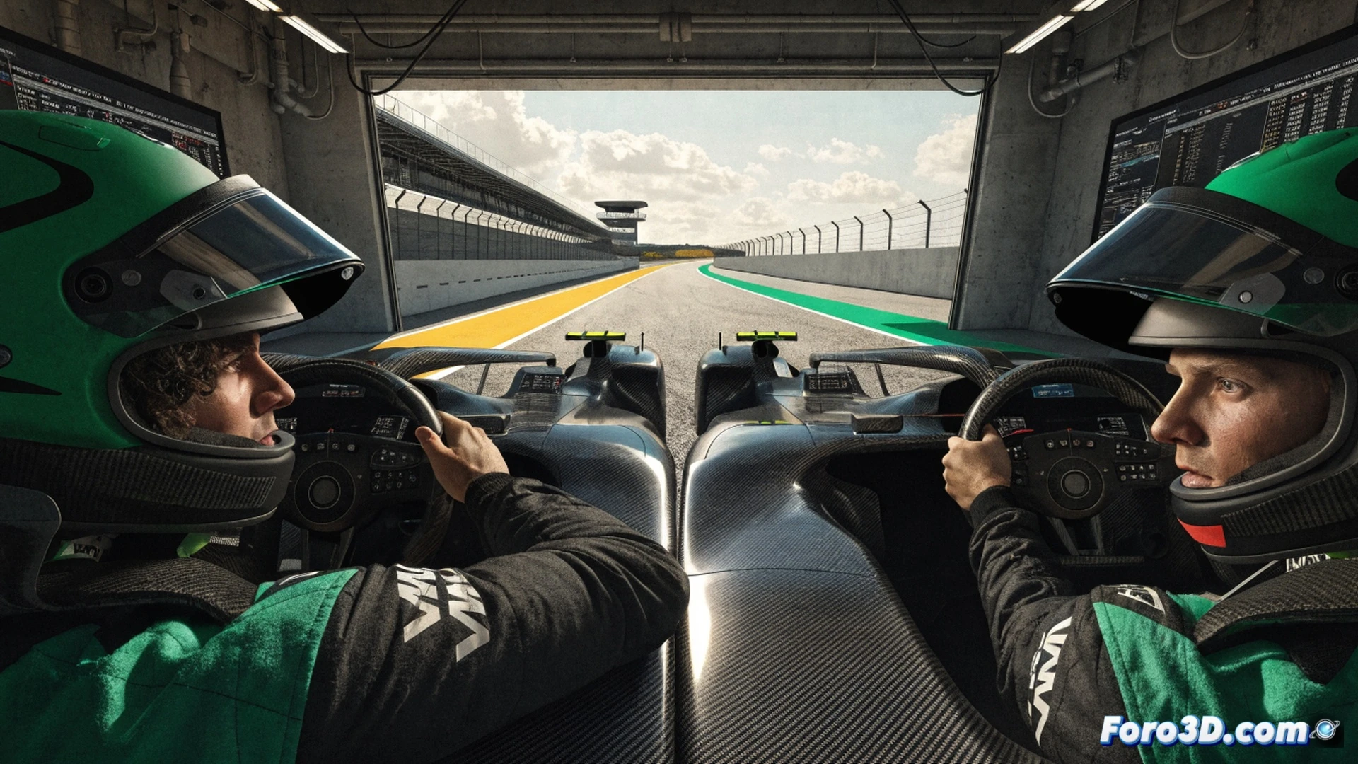 F1 pit lane at Red Bull Ring, Jak Crawford in full race suit inserting hands into AMR24 steering wheel, helmet visor open revealing focused eyes, Aston Martin mechanics adjusting wheel gun cables and tire blankets around him, Lance Strolls race number 18 being replaced with Crawfords number on sidepod, carbon fiber monocoque reflecting garage LED lights, motion blur of crew prepping for FP1, cinematic engineering visualization, photorealistic technical render, dramatic shadows from pit wall, tire warmers glowing orange