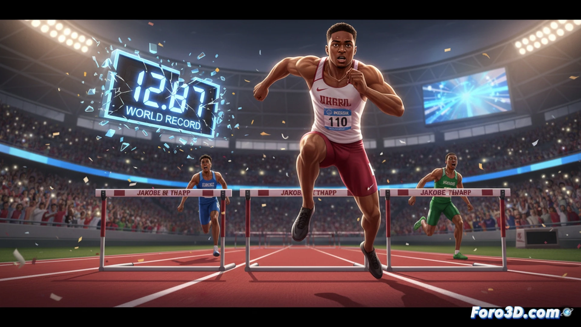 track athlete JaKobe Tharp mid-air clearing a hurdle during 110m race, leading leg extended over barrier, trailing leg tucked tight, explosive motion captured at peak jump, stadium floodlights casting sharp shadows on synthetic track, crowd blurred in background, photorealistic sports photography style, high-speed freeze-frame with muscle definition visible through singlet, spikes gripping track surface, hurdle knocked slightly off balance by previous runner, dramatic low-angle shot emphasizing height and speed, ultra-detailed athletic form, cinematic motion blur on peripheral elements