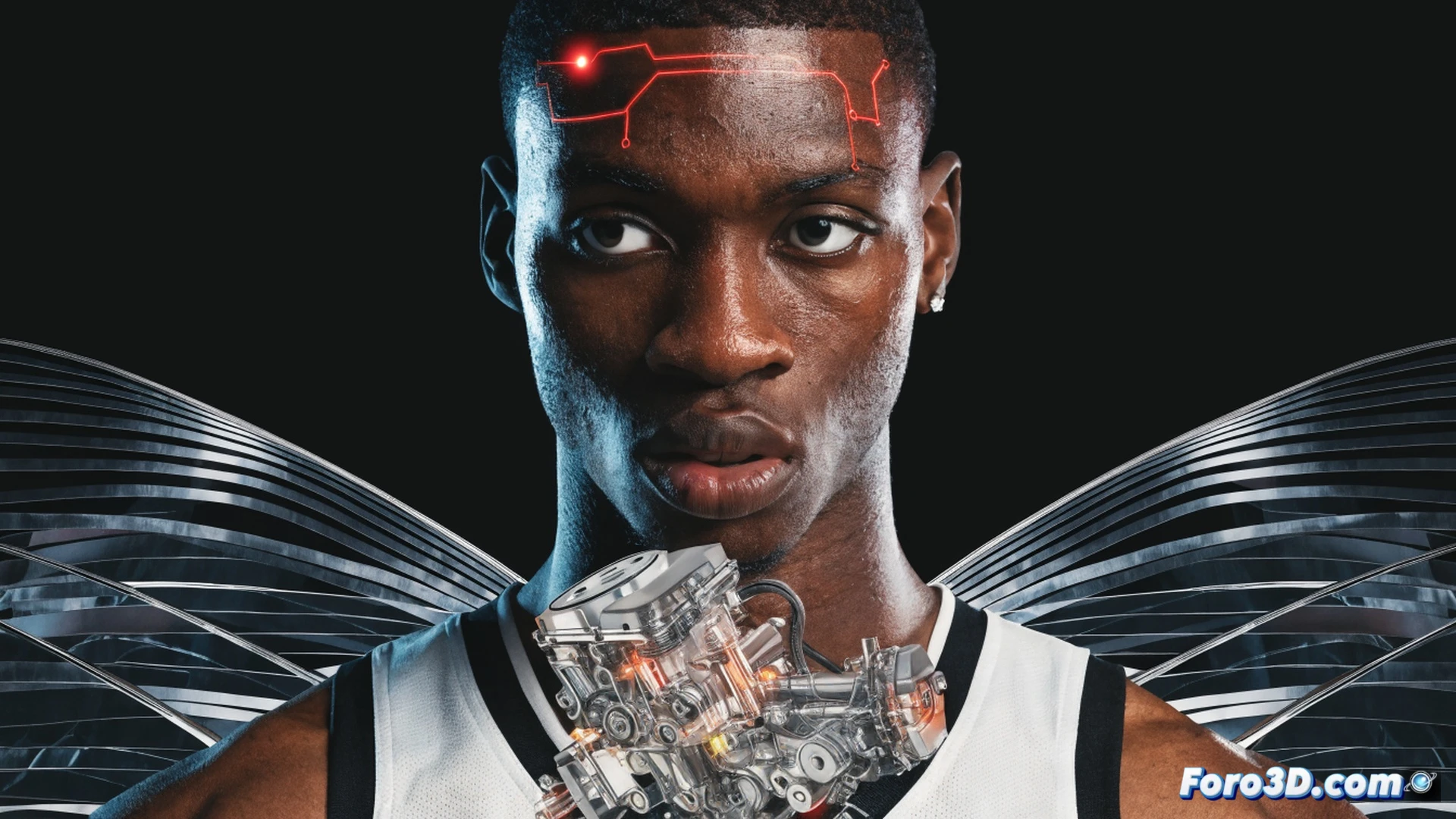 NBA basketball player mid-air dunking while defensive players react, body scan wireframe overlay showing muscle activation and joint angles, glowing red lines tracing explosive leg drive and arm extension, biomechanical analysis interface floating beside him with skeletal joint markers and force vectors, photorealistic sports action shot combined with technical engineering visualization, arena court lighting with dramatic shadows, motion blur on the ball and jersey, dynamic pose showing power and precision, ultra-detailed muscle definition and sweat texture, cinematic sports science illustration