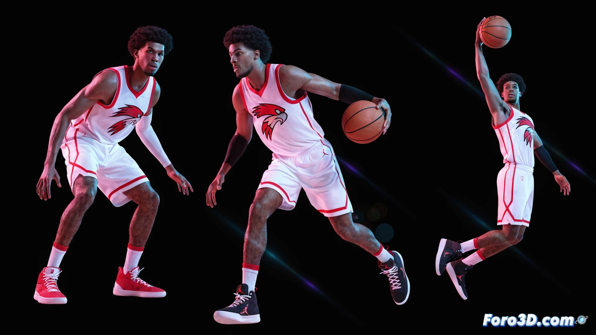 Jalen Johnson 3D motion capture analysis, basketball player mid-dribble drive toward the rim, left hand handling the ball low while right arm extends for balance, translucent skeletal overlay and muscle fiber lines tracing his kinetic chain from foot plant to release point, defensive mannequin sliding laterally in background, court floor with tracking dots and holographic trajectory arcs showing speed and angle, cinematic sports science visualization, dynamic camera angle from baseline low to high, rim spotlight illuminating the action, volumetric fog and subtle particle trails around joints, photorealistic biomechanical render