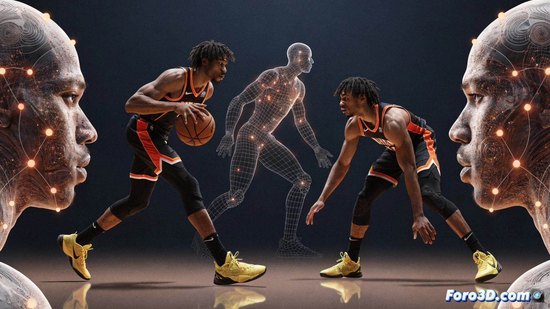 Jalen Williams en pleno movimiento ofensivo, cambiando de dirección con el balón, mostrando una envergadura de brazos extendidos mientras su torso permanece centrado y bajo, piernas en ángulo de torque biomecánico, líneas de fuerza y vectores de aceleración dibujados en azul y rojo sobre su silueta, fondo de pista de baloncesto con marcadores de posición 3D, visualización técnica de ingeniería deportiva, estilo cinematic photorealistic con iluminación de estadio y alto contraste, textura de sudor y músculo tenso, render detallado de análisis de movimiento.