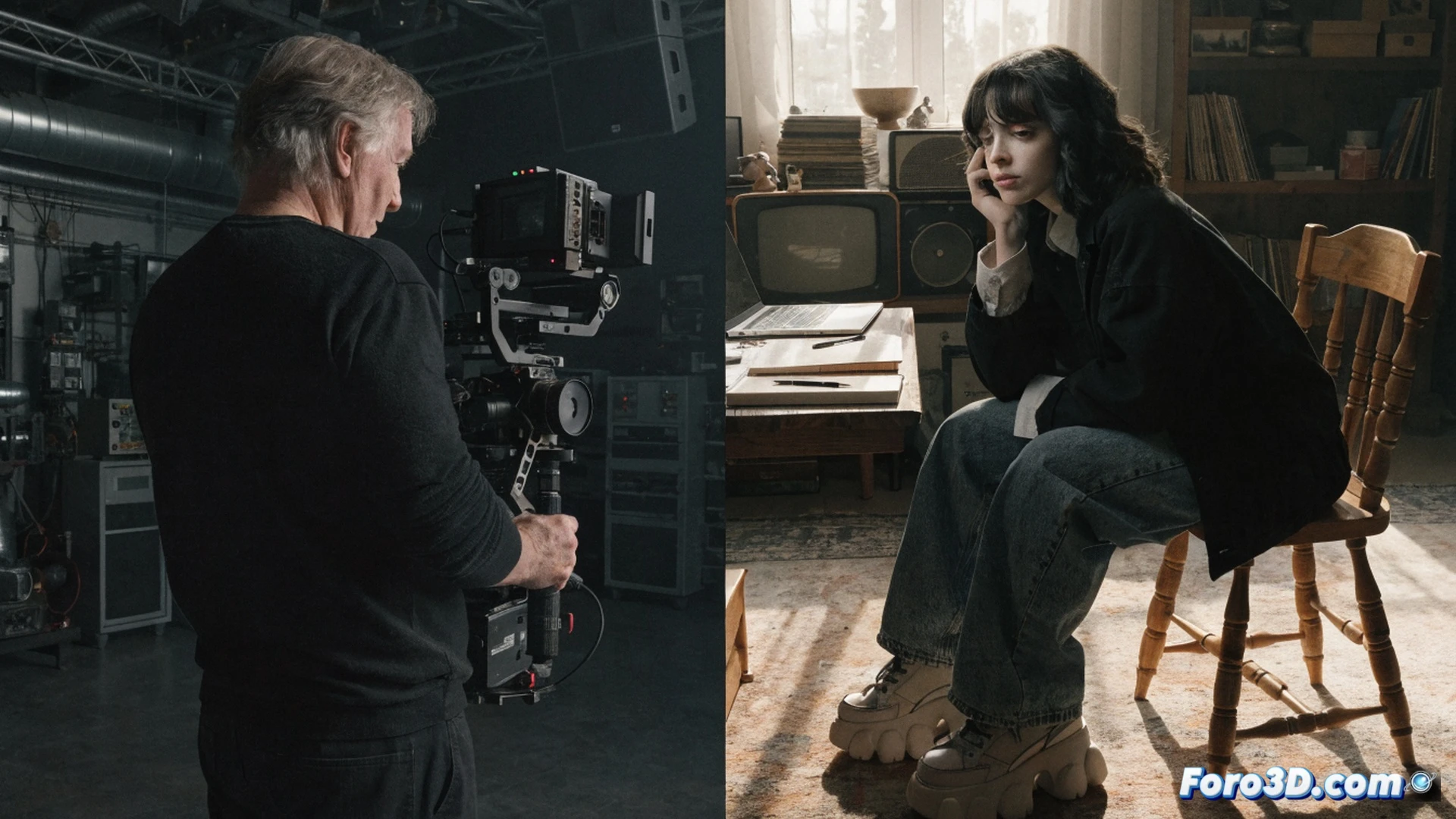 James Cameron ajusta lentes de cámara digital mientras Billie Eilish canta frente a un micrófono de estudio, monitor de edición mostrando líneas de tiempo de video en alta definición, manos del director manipulando controles de mezcla de audio, luces LED de estudio reflejándose en pantallas planas, cables de fibra óptica conectados a racks de hardware, proceso de postproducción digital en tiempo real, cinematic photorealistic render, acción de grabación documental casera, iluminación suave de estudio, texturas metálicas y plásticas de equipos, fondo oscuro con paneles acústicos