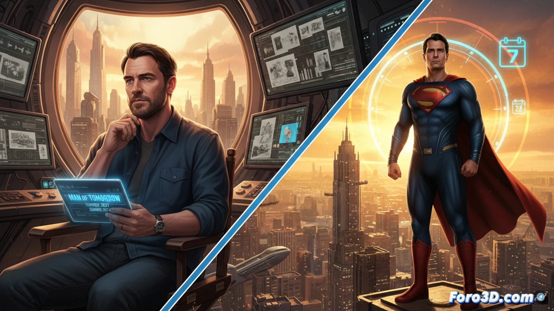 Superman en traje azul y rojo flotando sobre una ciudad al atardecer estival de 2027, reloj digital en un rascacielos mostrando julio 2027, calendario de pantalla holográfica con fechas resaltadas, líneas de cronología técnica dibujadas en el cielo con efectos de luz, mapa urbano interactivo bajo sus pies, nubes de tormenta eléctrica en el horizonte, estilo cinematográfico fotorrealista, iluminación dorada y azul dramática, texturas metálicas en la armadura, detalles de pliegues en la capa, resolución ultra alta, render técnico de ingeniería visual
