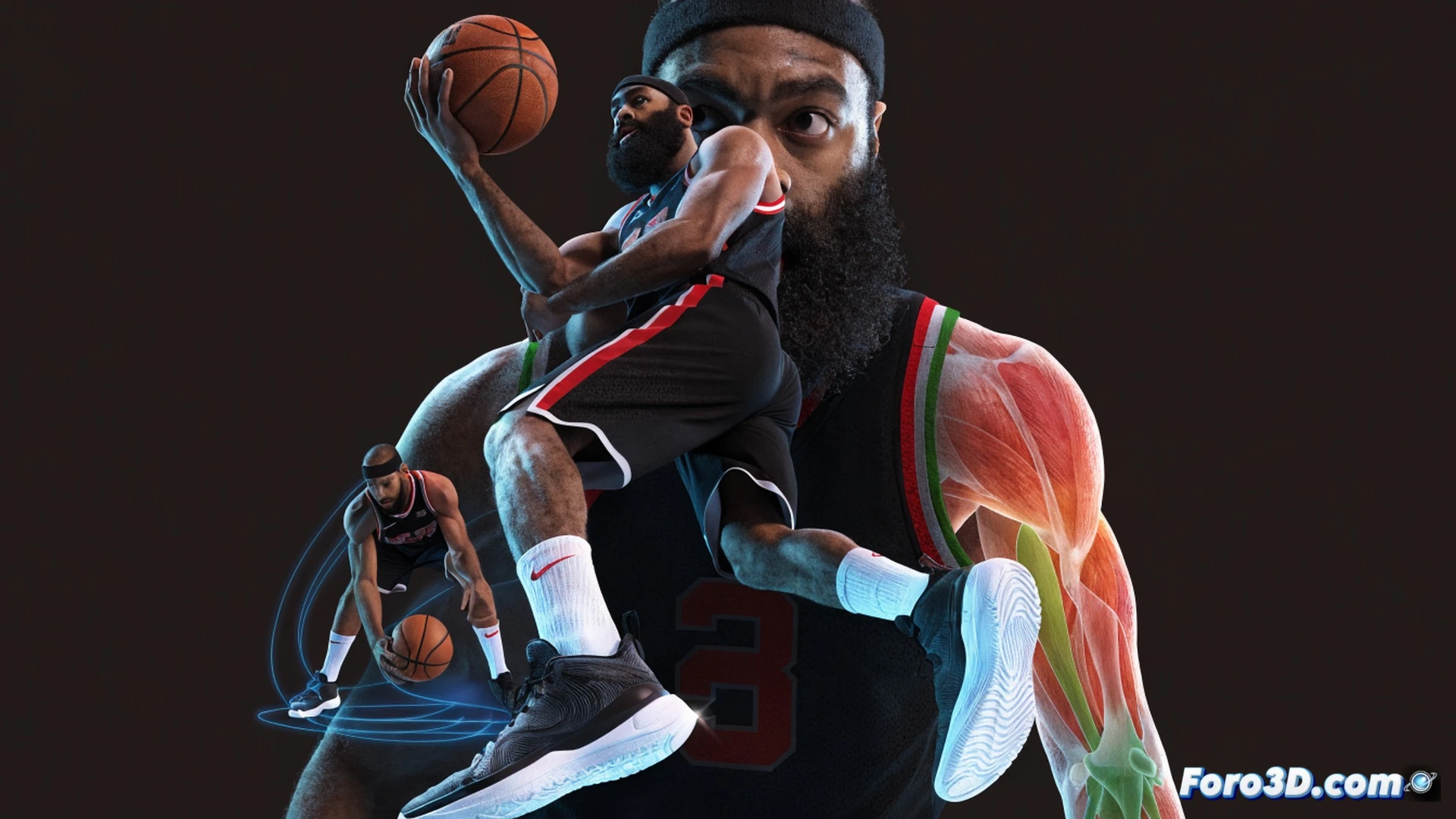 James Harden executing step-back three-pointer in biomechanical breakdown, skeletal wireframe overlay showing hip rotation and ankle torque, basketball mid-spin with trajectory arc traced in glowing cyan lines, defensive player lunging off-balance, court floor with motion path markers, isometric engineering visualization, holographic joint angles and force vectors, muscle fiber layers visible through translucent skin, dramatic arena lighting with rim spotlight, ultra-detailed human anatomy and physics simulation, photorealistic technical illustration style