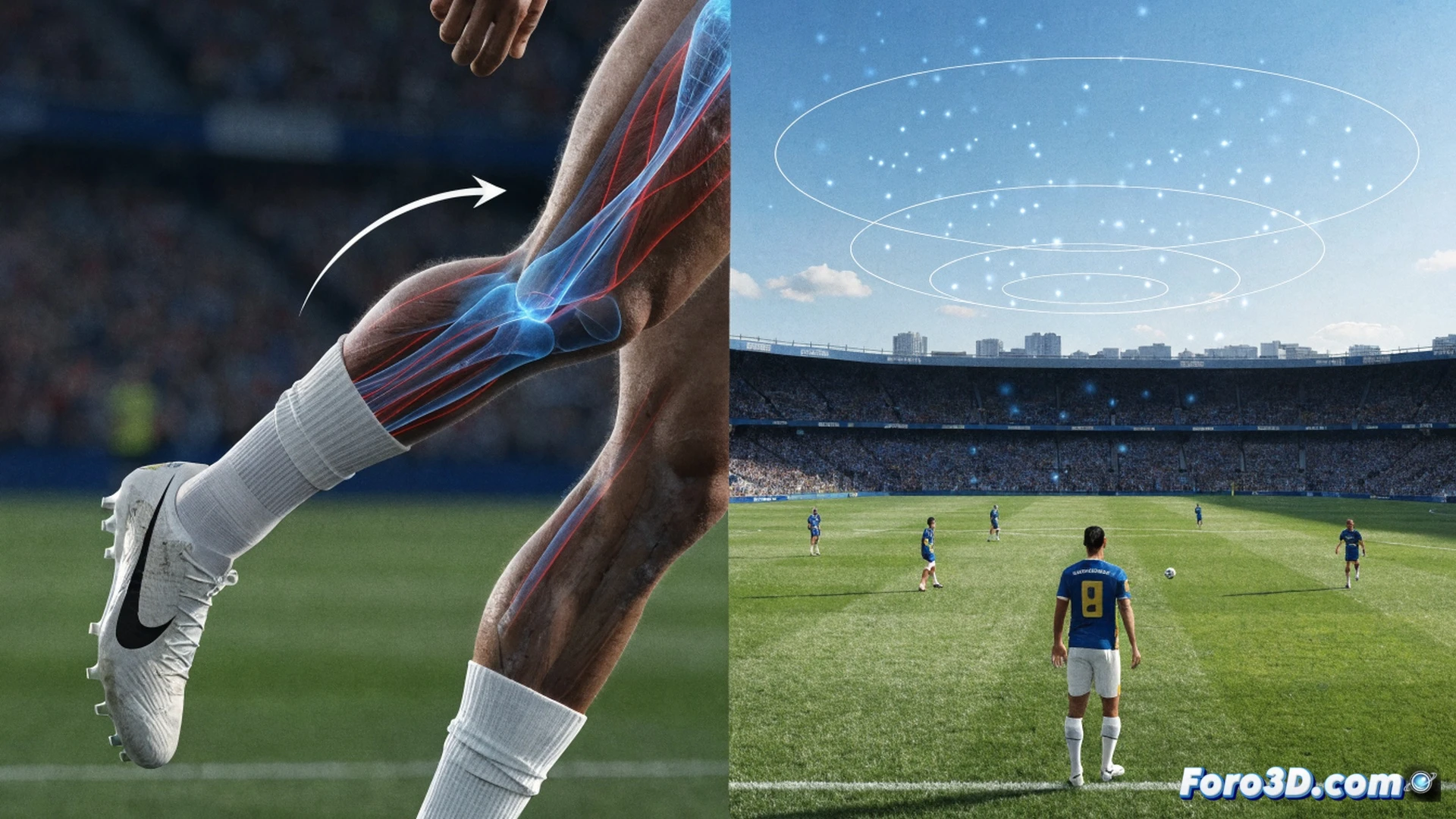 biomechanical analysis of a footballer mid-shot, left leg striking a ball with 45-degree impact arc highlighted by glowing angular lines, torso rotation captured in motion sequence showing balance mechanics, peripheral vision field overlaid as translucent cone extending 180 degrees, technical engineering visualization with wireframe skeleton and muscle fiber mapping, stadium background blurred, cold blue and amber lighting, photorealistic cinematic render, hyperdetailed anatomy and ball deformation