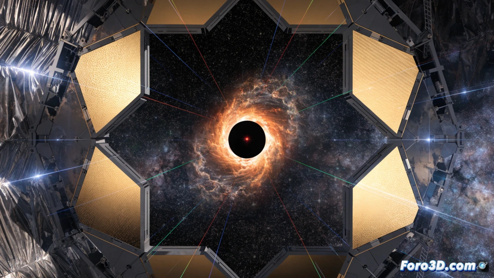 agujero negro esférico brillando con luz roja dentro de una estrella gigante azul translúcida, líneas espectrales curvas emergiendo del núcleo estelar mientras el telescopio James Webb enfoca desde el espacio profundo, espejos dorados reflejando la luz deformada, proceso de detección mostrando datos espectrales en tiempo real, estilo cinematic photorealistic, iluminación cósmica dramática, alta definición técnica, render de visualización astronómica