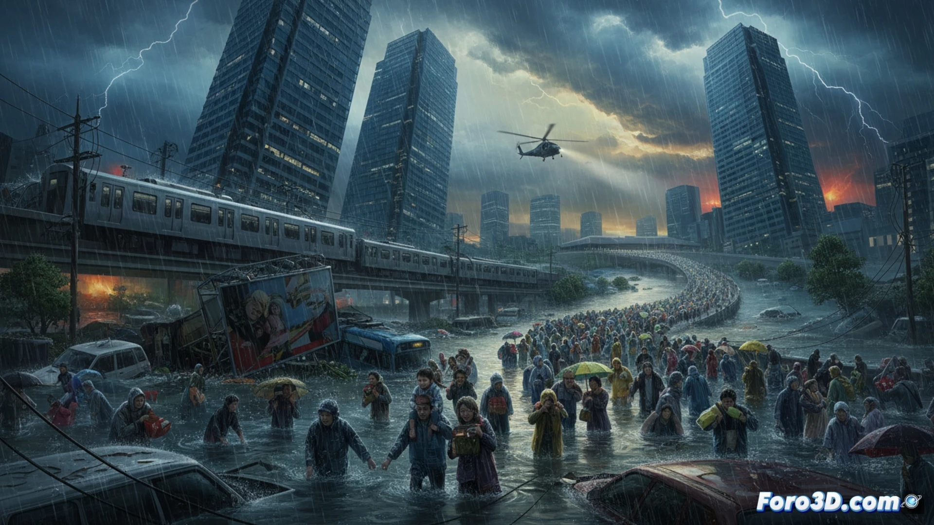 Tormenta tropical Jangmi sobre Tokio, calles inundadas con agua marrón arrastrando escombros, trenes parados en estación con puertas abiertas y pasajeros desorientados en andenes vacíos, señales de evacuación nivel 4 parpadeando en edificios, gotas de lluvia golpeando parabrisas de autos detenidos en tráfico colapsado, farolas proyectando sombras distorsionadas sobre charcos agitados, estilo cinematográfico hiperrealista, iluminación tormentosa azul grisácea, texturas de lluvia densa y vapor, atmósfera de tensión urbana, alta definición técnica, perspectiva a nivel de calle con profundidad de campo dramática