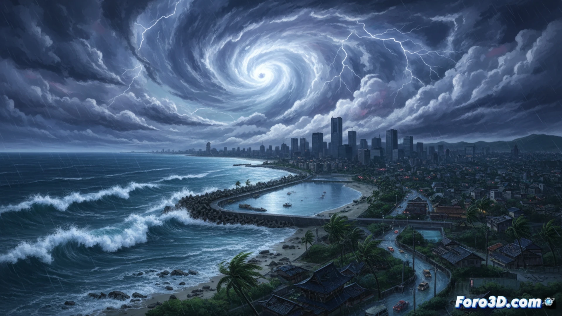 tormenta tropical Jangmi azotando la costa de Kanto, vientos violentos curvando palmeras y levantando espuma del mar, olas gigantes rompiendo contra un malecón con rociada salada, un río desbordándose arrastrando escombros hacia casas cercanas, líneas eléctricas caídas chispeando en el suelo mojado, un poste de concreto inclinado con transformador dañado, ingeniería civil mostrando falla estructural por erosión, cinematográfico realista, iluminación tormentosa gris plomo, textura de lluvia intensa en primer plano, ultra detallado