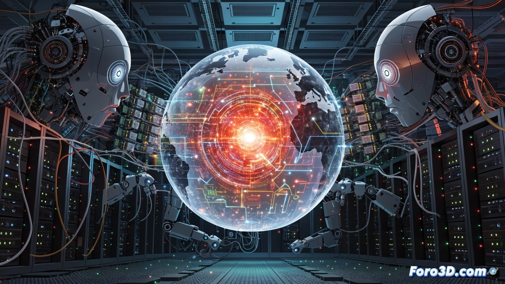 Japón mapa digital con escudos de ciberseguridad formando barrera, IA avatar robótico lanzando líneas de código rojo como ataque, contramedidas de defensa azul interceptando en tiempo real, servidores y nodos de red global conectados, pantalla holográfica mostrando gráficos de amenazas, estilo cinematic photorealistic technical illustration, iluminación dramática azul y roja, texturas metálicas, partículas digitales flotando, acción de bloqueo dinámico, ultra-detallado, render 8K.