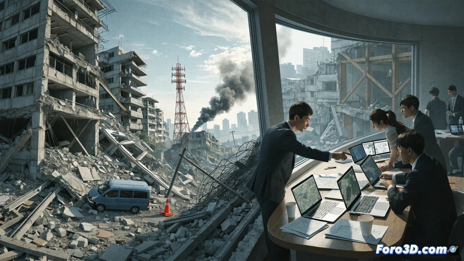 Japanese city disaster response center interior, multiple officials analyzing a large digital map showing seismic zones and hospital locations, one coordinator pointing at a tablet displaying ambulance dispatch routes, another adjusting a whiteboard with emergency personnel calculations, holographic projection of earthquake epicenter and aftershock probabilities, realistic technical visualization, cool blue emergency lighting, ultra-detailed screens displaying medical resource allocation data, photorealistic cinematic render