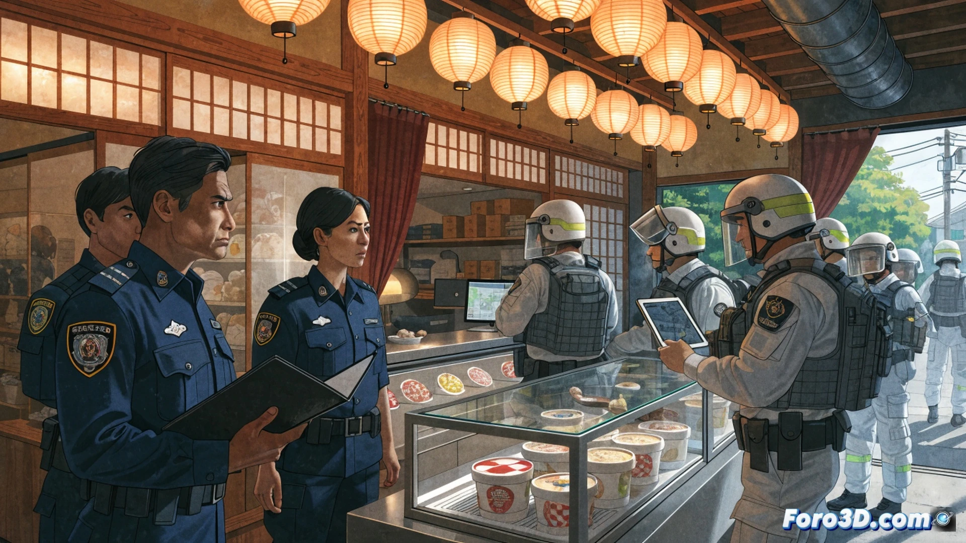 japanese ice cream factory raid, investigators in black suits examining price-fixing documents on factory floor, frozen treat conveyor belts halted mid-process, mechanical cooling pipes and industrial freezers in background, antitrust agents holding tablets while reviewing wholesale cost ledgers, broken ice cream bars scattered on stainless steel surfaces, cinematic photorealistic style, dramatic overhead lighting casting long shadows, steam rising from open freezer doors, technical investigation scene with evidence markers and forensic tools, ultra-detailed industrial machinery and refrigeration equipment