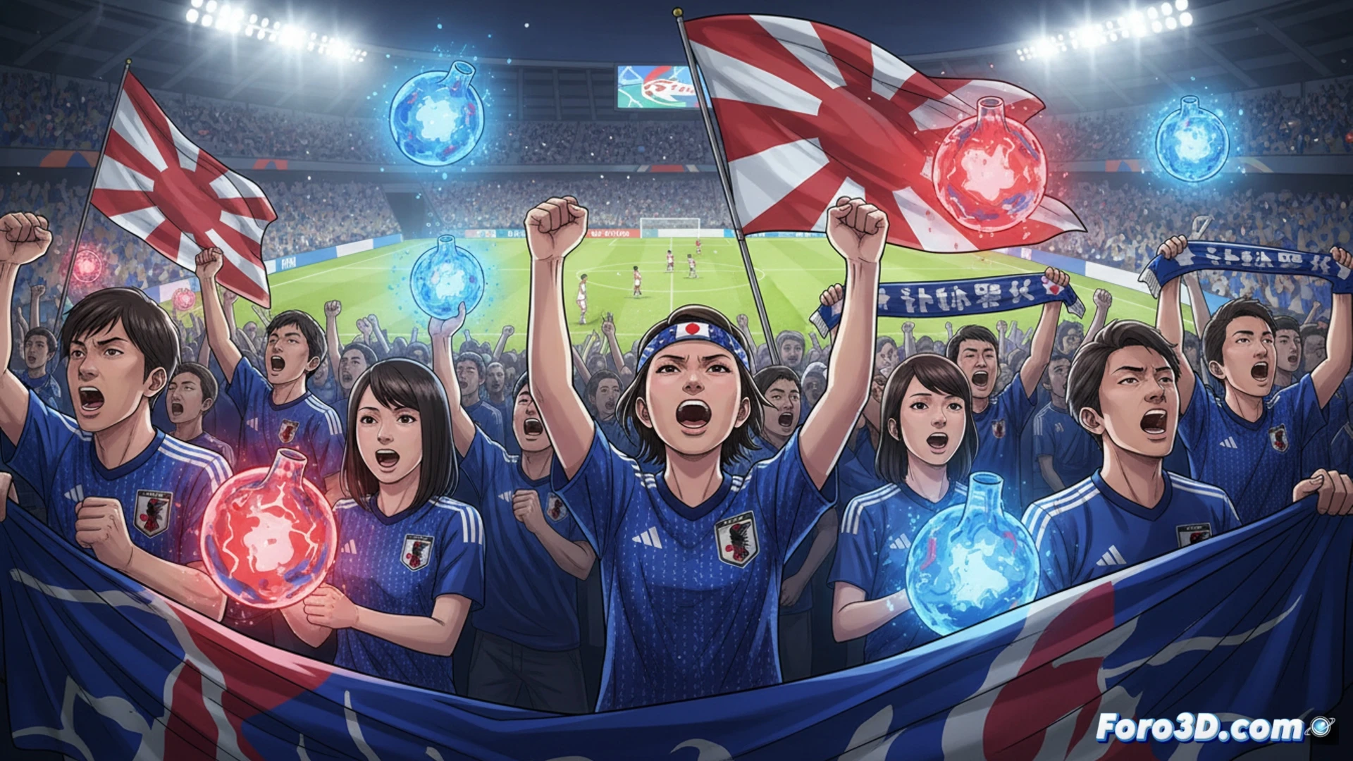 japanese football stadium during world cup match, crowd of fans raising hands and banners with kanji symbols, players on field in dynamic motion mid-stride, sweat droplets visible, stadium lights casting dramatic shadows, fans holding blue and white flags waving, collective action of support, cinematic photorealistic style, ultra-detailed faces and expressions, motion blur on players, vibrant team colors, emotional tension in the scene, technical rendering with realistic crowd simulation, atmospheric haze from flares, high-contrast lighting, 8K quality
