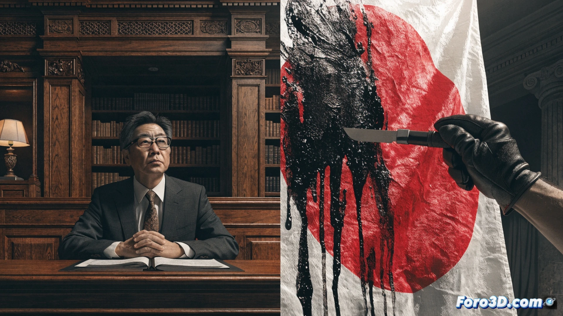 Japanese parliament session, one politician handing a document with a national flag stamp to another across a wooden desk, a folded Hinomaru flag draped on a podium, security guard standing near exit, subtle tension in the air, photorealistic architectural interior, warm fluorescent lighting, polished marble floor reflecting ceiling lights, deep focus on the document exchange, cinematic composition, wide-angle lens, institutional solemn atmosphere, ultra-detailed textures on wood and fabric, technical documentary style