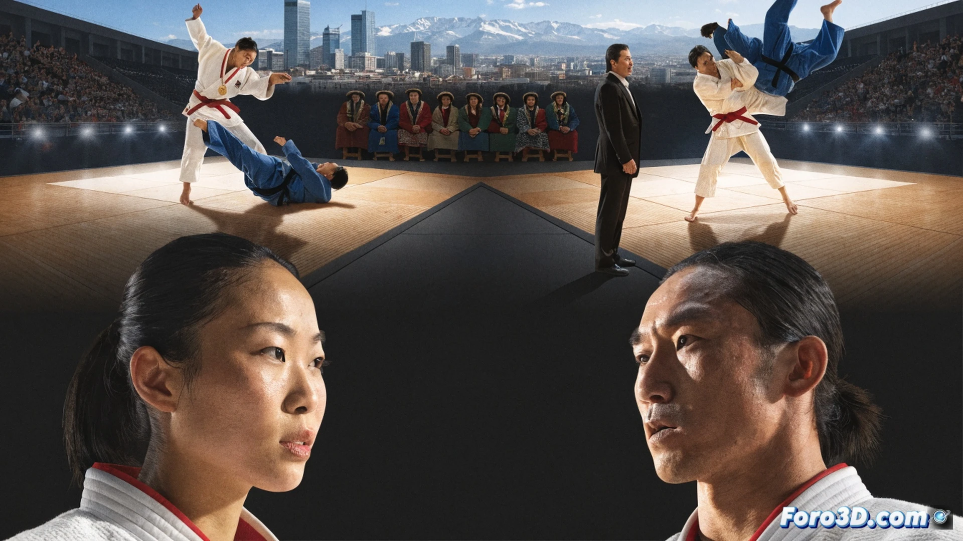 japanese judoka executing a flawless ippon throw on tatami, opponent mid-air with gi fabric snapping, crowd blurred in background, dynamic action frozen in time, judo scoreboard showing four gold medals, technical biomechanics overlay with joint angles and force vectors highlighted in cyan, cinematic sports photography style, dramatic spotlight from above, sweat droplets frozen mid-flight, photorealistic render with shallow depth of field, intense competition atmosphere