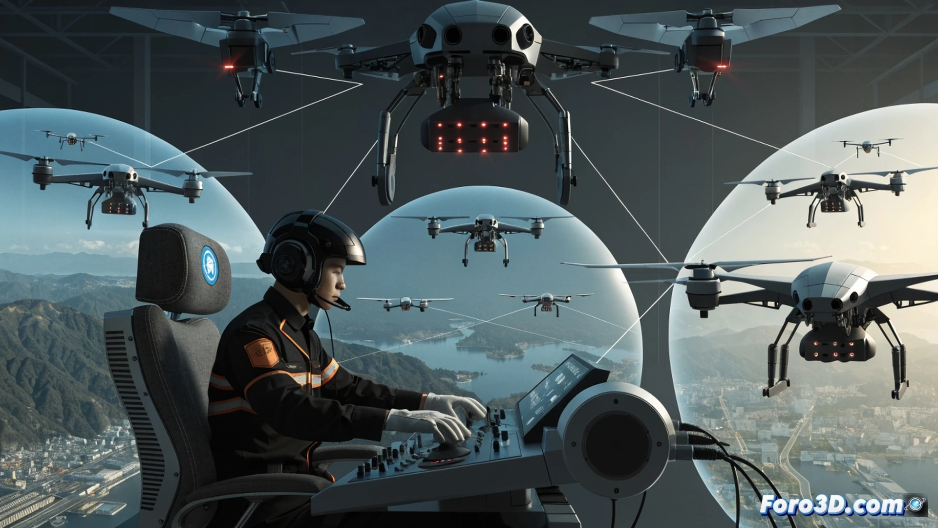 Cinematic aerial scene over a futuristic Japanese city at dusk, one pilot seated at a mobile command station with a tablet and joystick, controlling three drones simultaneously, drones carrying packages and inspection cameras, one drone hovering near a bridge inspecting a steel beam, another drone with a thermal sensor scanning a building, third drone descending with a delivery box, glowing flight paths and data streams visible on the tablet screen, realistic urban background with skyscrapers and bridges, photorealistic technical illustration, dynamic action, sharp focus on pilot and drones, soft sunset light, high detail on drone propellers and sensors, no text or numbers in image