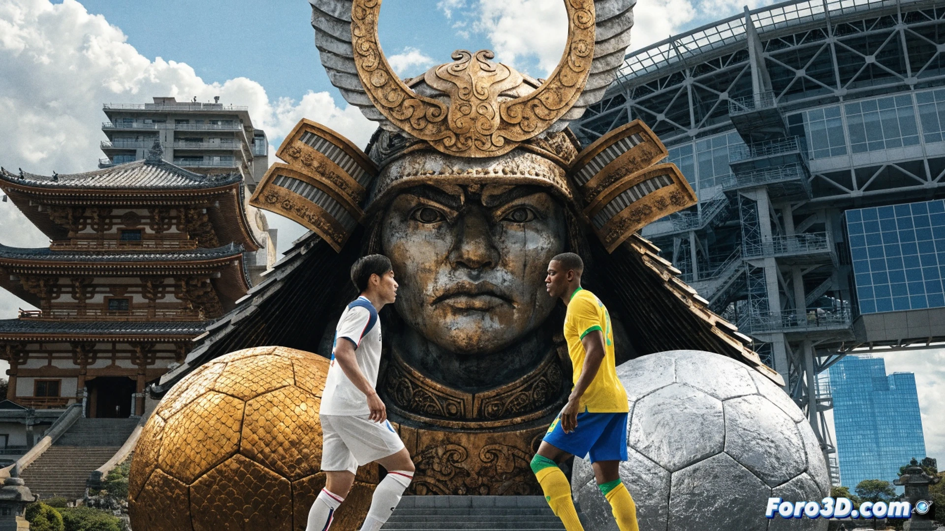 Two football players mid-action on a rain-soaked pitch, one in red and white samurai-inspired kit executing a sliding tackle, the other in yellow and blue Brazilian jersey dribbling past, ball spinning with high-speed motion blur, stadium floodlights casting dramatic shadows, technical illustration style with dynamic angles, grass blades and water droplets frozen in motion, ultra-detailed fabric textures, cinematic composition, photorealistic sports visualization, intense match atmosphere, crowd blur in background, high contrast lighting