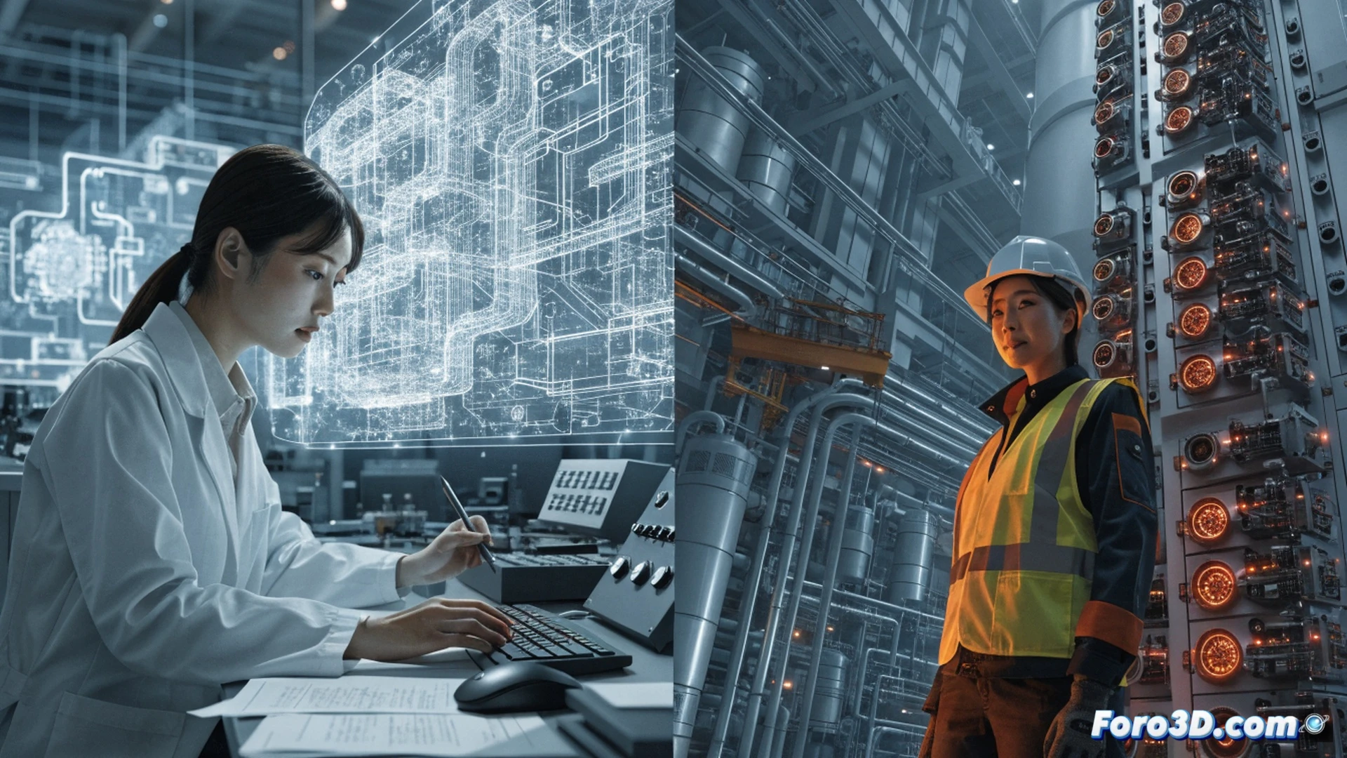 young female japanese engineer in safety vest and glasses inspecting a robotic assembly arm on a factory floor, holographic circuit board schematic floating above her tablet, female colleague debugging a server rack in background, blue LED indicators blinking, robotic welder sparks in mid-air, clean bright industrial lighting, polished concrete floor, technical engineering visualization, photorealistic, detailed mechanical joints and cable management, motion blur on welding arc, depth of field focusing on engineer and hologram