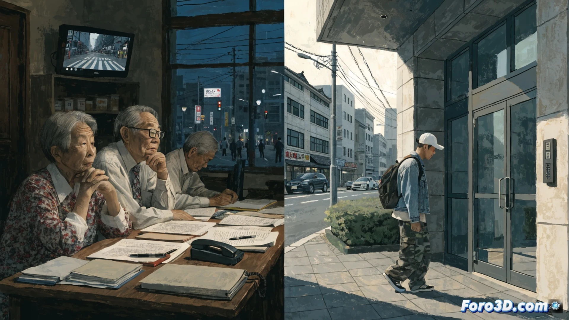 Japanese probation officer volunteer in a home visit scene, elderly volunteer checking a monitoring device while a younger officer reviews a tablet showing case files, worn leather briefcase open on a table, faded government ID badge visible, aging community center interior with wooden benches and outdated computer monitors, volunteer handbook with torn pages, empty volunteer sign-up sheet pinned to a noticeboard, cinematic photorealistic style, warm fluorescent lighting casting long shadows, dust particles in the air, documentary mood, ultra-detailed textures of wrinkled hands and metal badge, technical action of monitoring and supervision process