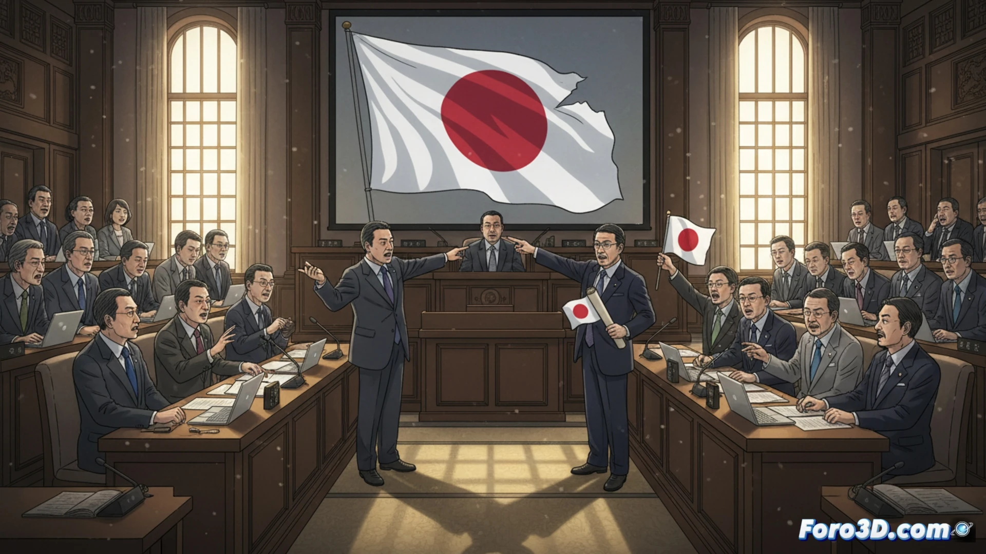 Japanese national flag being vandalized with red spray paint, security camera recording the act, politician holding a draft law document with gavel on desk, parliamentary chamber background with rising sun motif, cinematic photorealistic style, dramatic courtroom lighting, flag fabric texture detailed, paint dripping motion captured, security footage timestamp overlay effect, serious political atmosphere, ultra-realistic textures, shallow depth of field focusing on flag and paint can