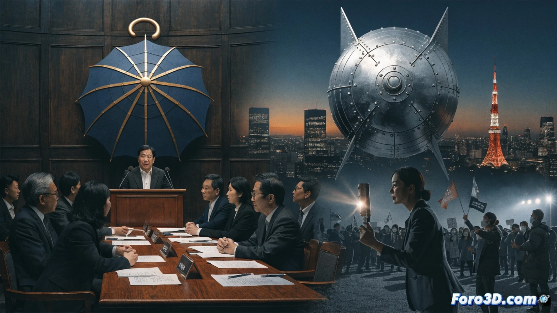 Japanese political debate visualization, two opposing politicians in a modern government chamber, one holding a document with nuclear shield diagram, the other gesturing toward a map of Japan with missile defense zones, table between them showing a broken atomic symbol and a US-Japan security treaty paper, dramatic split lighting contrasting warm amber and cold blue, cinematic photorealistic style, intense facial expressions showing conflict, ultra-detailed suits and tie patterns, wooden podium textures, security cameras in background, critical negotiation atmosphere, high contrast shadows, hyperrealistic 8K render