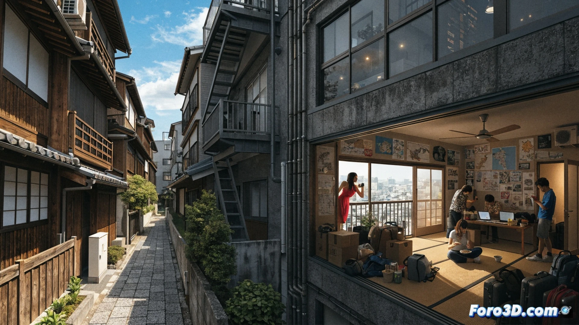 japanese residential street at night, neighbors confronting a tourist apartment, shadowy figures holding trash bags and pointing at overflowing bins, cigarette butts scattered on pavement, a government notice posted on a door with official seal, cinematic photorealistic style, dramatic streetlamp lighting, wet asphalt reflecting neon glow, tense atmosphere, ultra-detailed urban textures, angry gestures during dispute, technical illustration of community conflict, no text visible