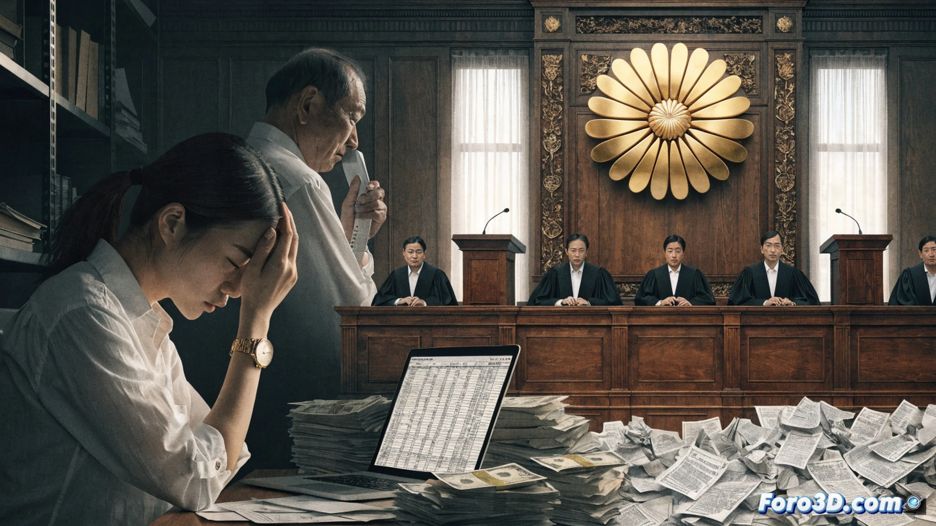 Japanese Supreme Court chamber, gavel striking wooden block during final ruling, legal documents with red judicial seals floating above bench, broken chains falling onto a stack of yen notes labeled as forced donations, holographic financial records showing family bankruptcies, traditional courtroom wood panels, dramatic shadows from ceiling lights, cinematic photorealistic legal visualization, motion blur on falling debris, glowing evidence markers around the documents, ultra-detailed judicial architecture