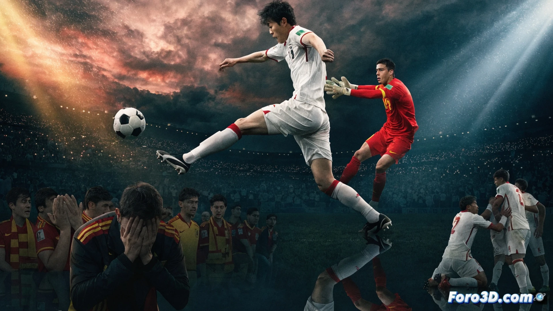 Japón celebra su victoria en penaltis mientras jugadores españoles caen de rodillas sobre el césped, mostrando el balón entrando en la portería durante el tiro decisivo, marcador electrónico con banderas japonesas, estadio con gradas vacías y banderas caídas, cámara de transmisión deportiva enfocando el desánimo de la afición, estilo cinematográfico realista, iluminación dramática de estadio nocturno, reflejos de lágrimas en rostros, profundidad de campo y textura de césped húmedo, photorealistic sports photography.