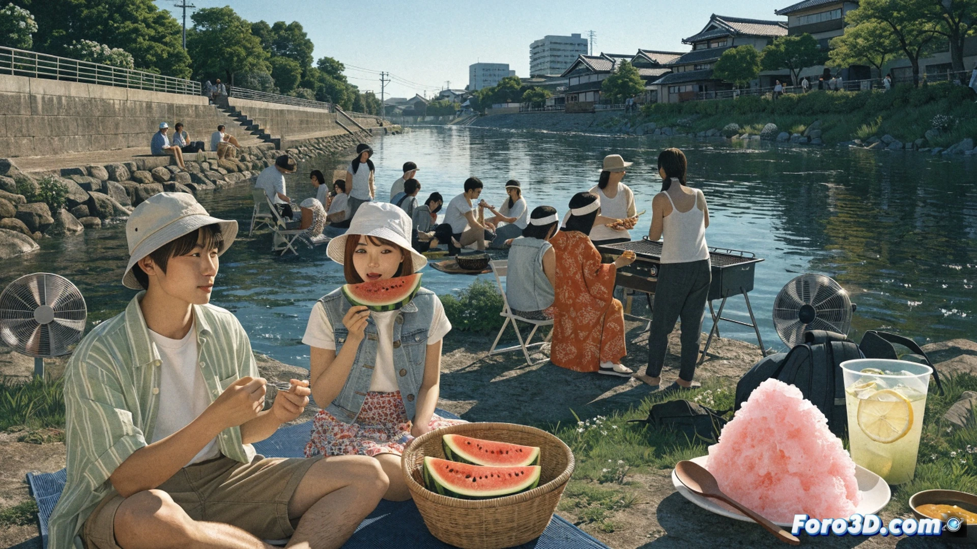 japanese riverside barbecue scene at summer sunset, families grilling skewers over portable charcoal grills, condensation dripping from ice-cold watermelon slices being sliced on a wooden cutting board, a hand-cranked kakigori machine shaving a block of ice into a glass bowl, fluffy shaved ice piling up, visible steam rising from the grill contrasting with cold mist from the ice, children holding colorful syrup bottles ready to pour over the ice, cinematic photorealistic style, golden hour sunlight filtering through riverside trees, glowing embers in the grill, high-contrast thermal dynamics between hot and cold elements, ultra-detailed textures of ice crystals and charcoal