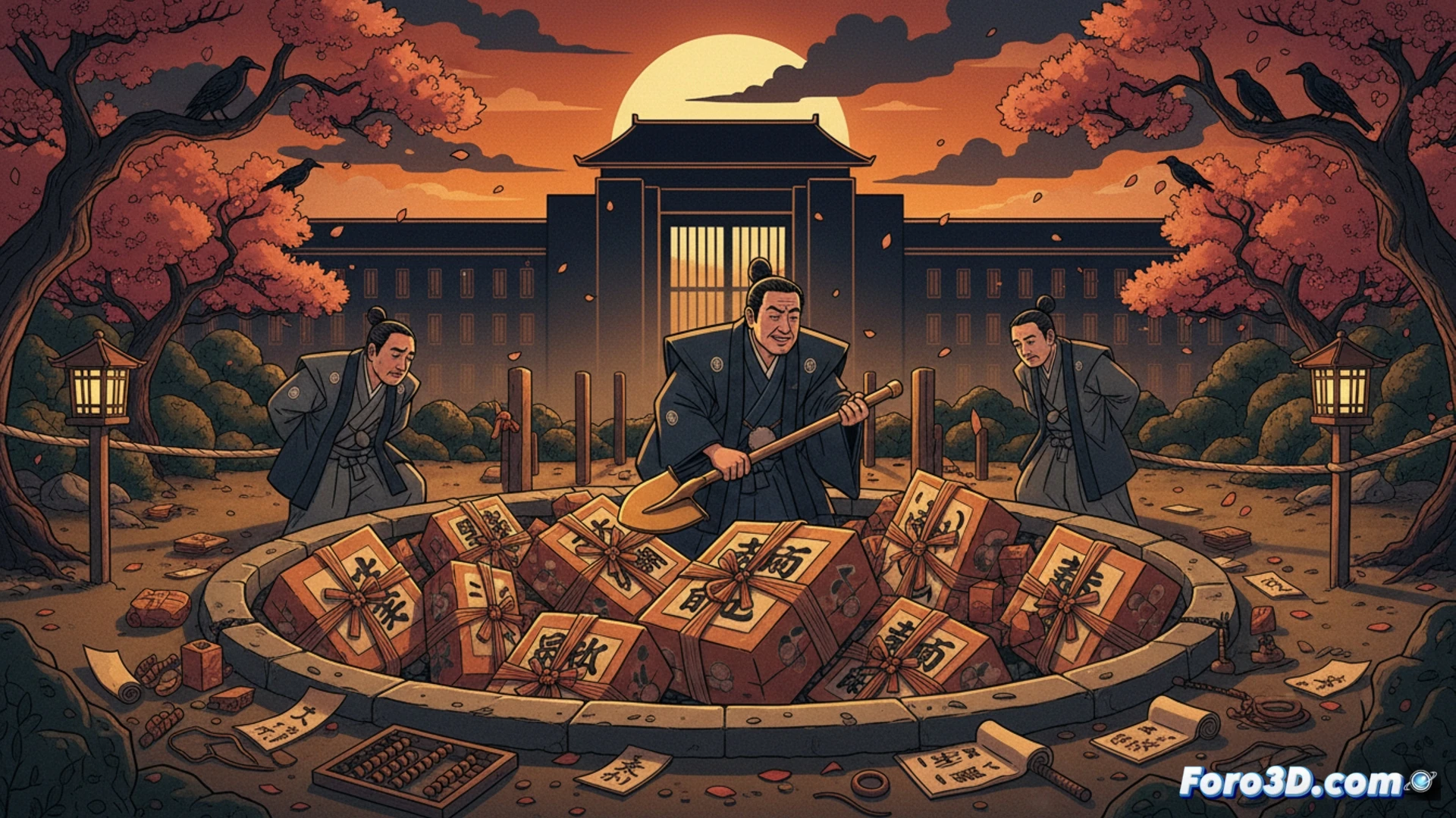 Japanese government officials in suits burying oversized yellow money bundles labeled with yen symbols into a concrete foundation, while Diet parliament members with miniature shovels struggle to dig them out, a large red stamp marked budget approval hovering above, minimalist technical illustration style, clean vector lines, flat shadows, political diagram composition, isometric view, action of sealing budget packages, legislative control being reduced, metallic briefcase with documents nearby, procedural workflow visualization, high-contrast corporate colors, precise architectural blueprint aesthetic