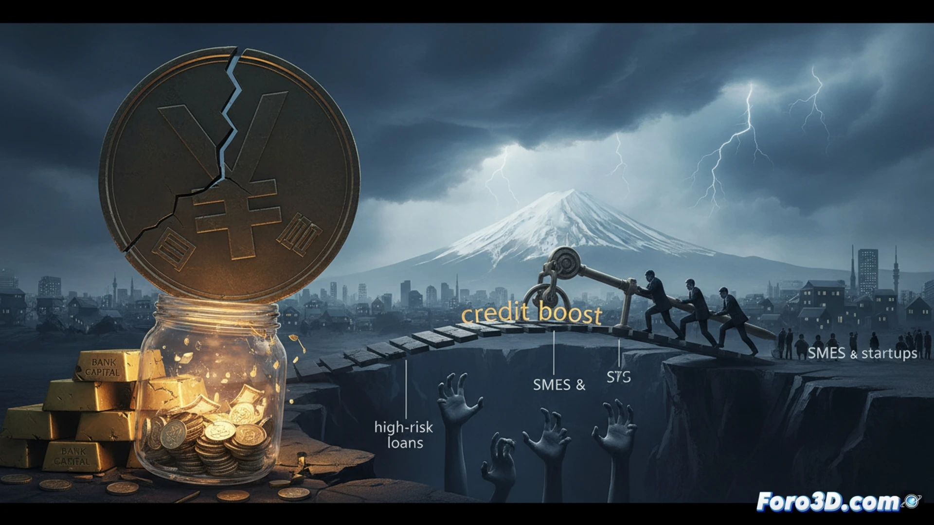 Japanese bank vault door partially open, weakened capital buffer visualized as crumbling concrete blocks labeled with kanji symbols, stacks of yen notes being funneled into high-risk startup ventures shown as unstable pillars, elderly saver figure watching from shadowed corner while bank building foundation shows cracks, photorealistic architectural visualization, dramatic low-angle lighting casting long shadows, dust particles floating in beam of light, metallic vault details with rusted hinges, tension-filled atmosphere, ultra-detailed structural decay, cinematic financial crisis imagery