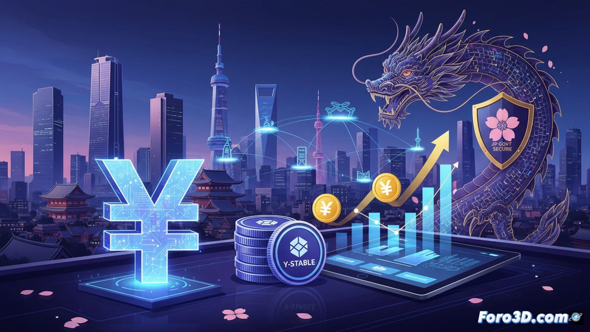 Japanese yen digital coins flowing through a futuristic payment terminal, glowing transaction lines crossing a map of Asia, while a transparent ETF dashboard displays crypto fund growth in the background, business professionals using holographic tablets to approve cross-border transfers, cinematic technical illustration, sleek metallic surfaces, blue and gold digital light streams connecting devices, ultra-detailed circuit board patterns on currency symbols, photorealistic engineering visualization, dramatic low-angle lighting, motion blur on data streams