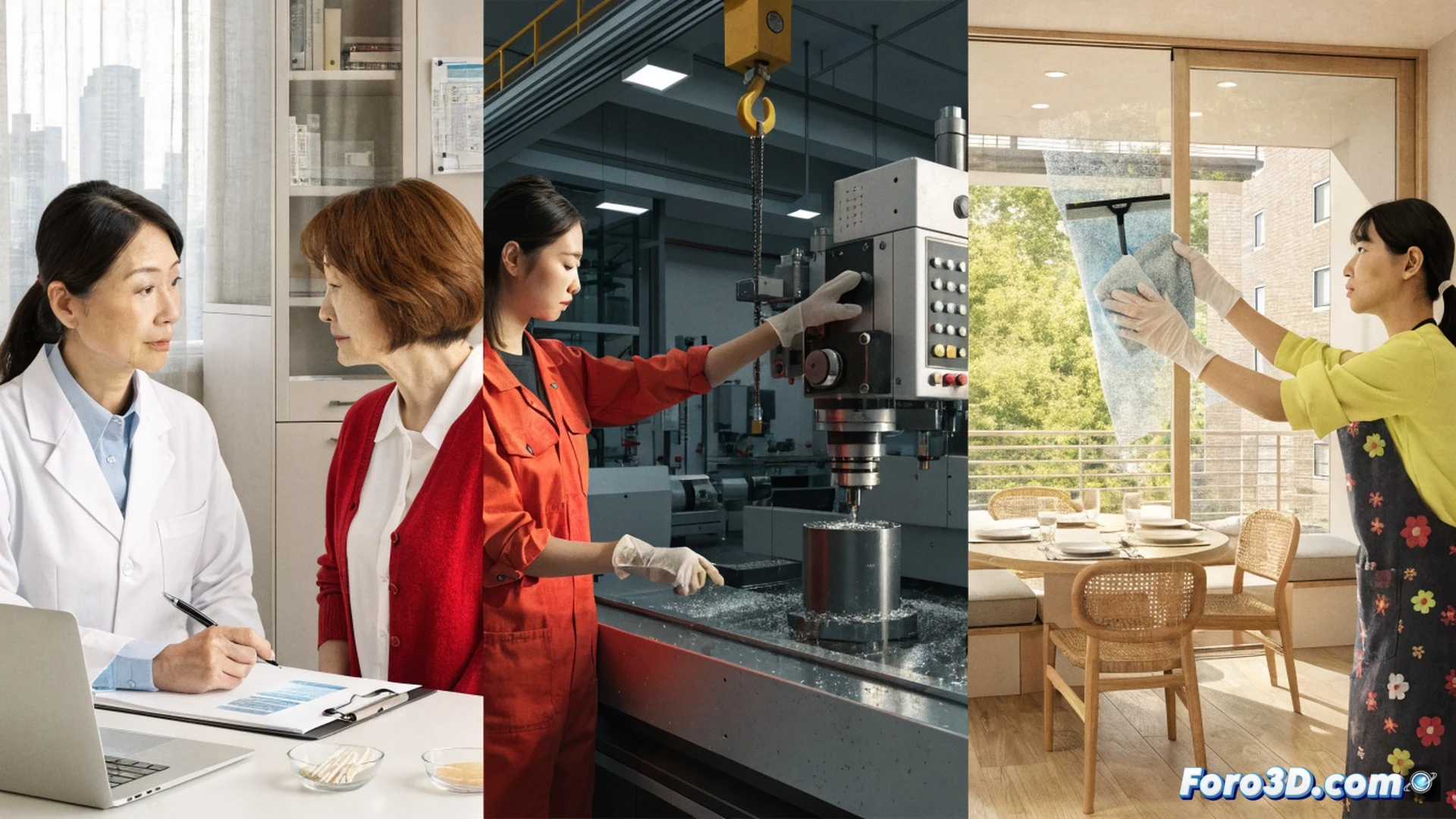 Japanese woman in business attire reviewing engineering blueprints on a tablet while a robotic vacuum cleaner operates in the background, holographic medical chart showing menopause health data floating nearby, clean modern office with exposed steel beams and glass walls, woman adjusting settings on a 3D printer creating a mechanical component, photorealistic technical illustration, bright natural light from windows, subtle steam rising from a cup of green tea on desk, cables neatly organized along desk edges, high contrast shadows, professional workplace atmosphere, detailed reflection on tablet screen, action of multitasking between technical work and home management, cinematic lighting with soft amber tones, ultra-sharp focus on woman face and hands, engineering visualization style