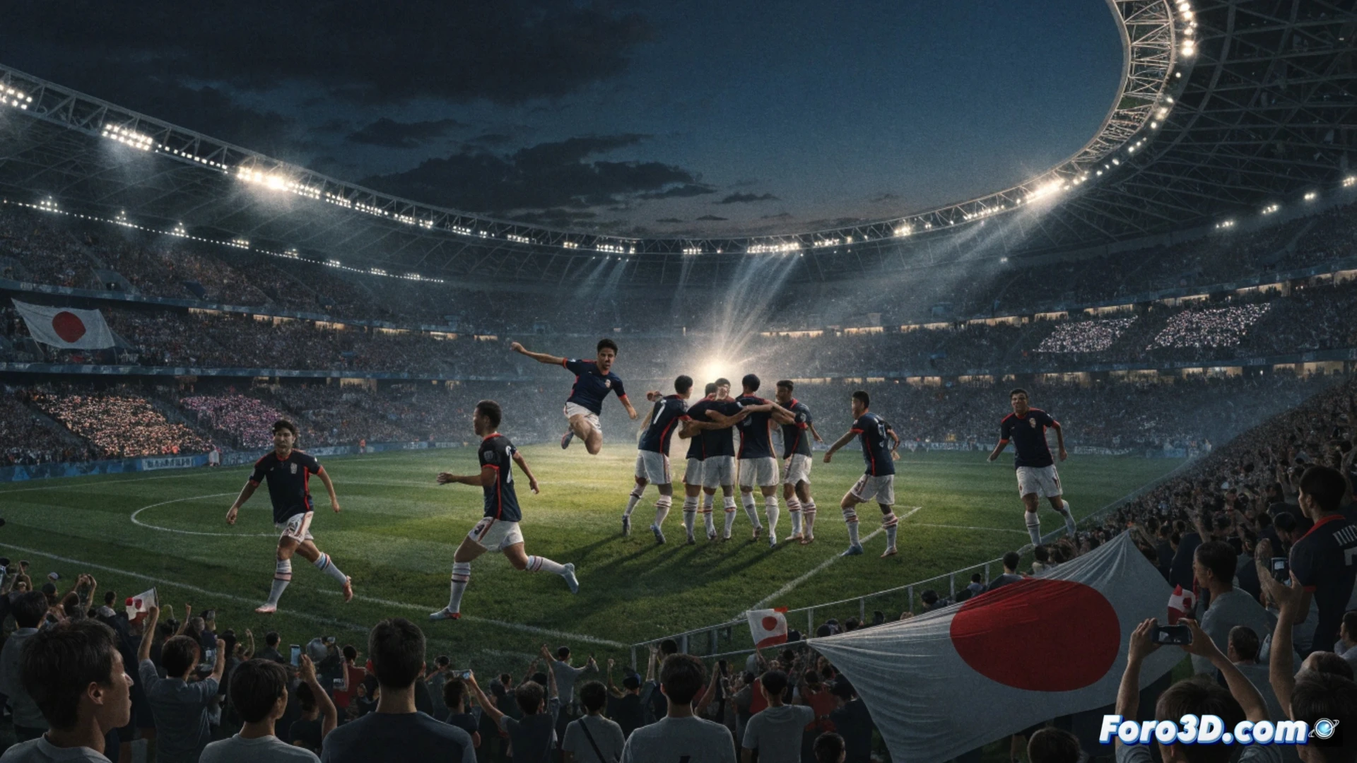 Japanese national football team players in dynamic action on a rain-soaked pitch, one player executing a powerful sliding tackle while another leaps for a header, stadium floodlights casting dramatic shadows, tactical formation lines visible as glowing traces on the grass, jersey numbers and sponsor logos abstracted as blurred shapes, high-speed motion blur on boots and ball, cinematic sports visualization, photorealistic lighting, deep green turf with water droplets suspended mid-air, intense competitive energy, ultra-detailed athletic physiques, wide-angle lens perspective, evening match atmosphere with crowd silhouettes in background