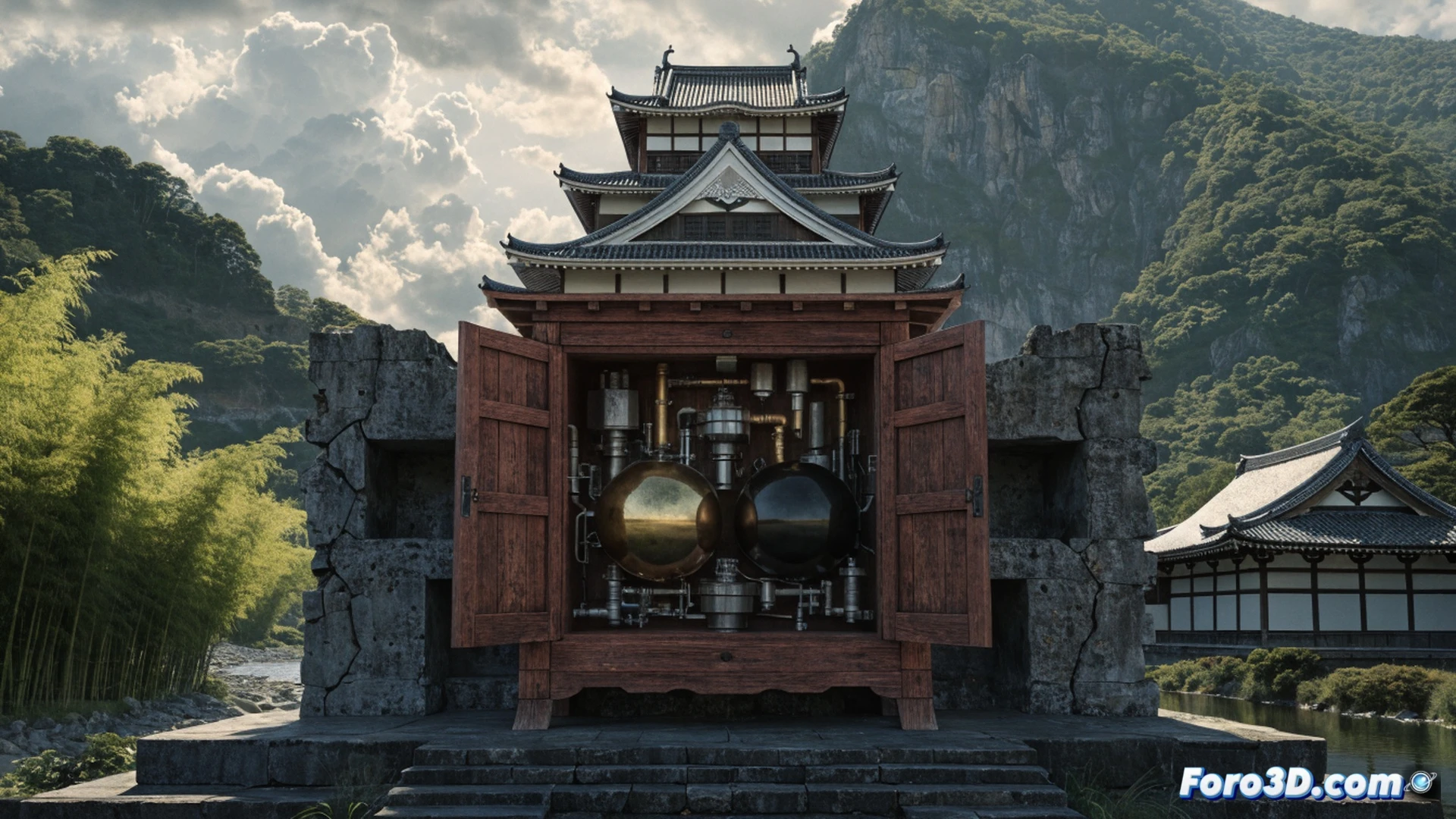 photorealistic technical illustration of a traditional Japanese cabinet door slightly ajar, revealing a hidden arsenal of nuclear warhead components inside, a bonsai tree and origami crane on top of the cabinet symbolizing peace, one hand pushing the door open while another hand holds a blueprint of a missile schematic, dim industrial lighting casting long shadows, metallic surfaces reflecting cold blue light, ultra-detailed mechanical parts visible inside, cinematic engineering visualization, dramatic contrast between organic wood and cold steel
