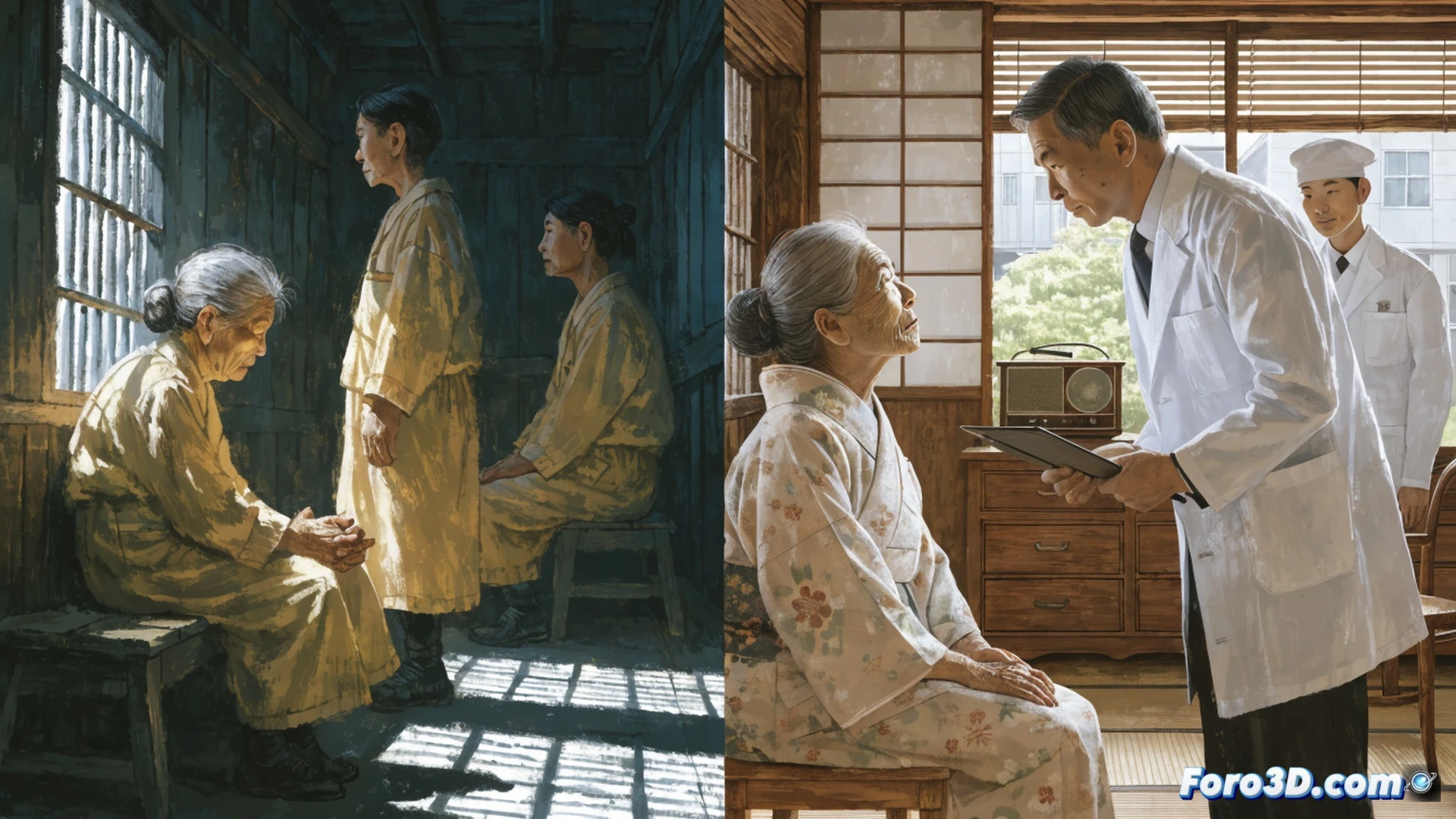 Japanese government officials in formal suits bowing to elderly leprosy patients during a dignity restoration ceremony in Tokyo, patients holding symbolic white chrysanthemums while seated in wheelchairs, a large official document seal being stamped on a podium, photorealistic technical illustration, soft natural light streaming through tall windows, warm wood-paneled hall, emotional gesture of reconciliation, historical reparations process, dramatic composition with depth of field, ultra-detailed facial expressions, cinematic documentary style