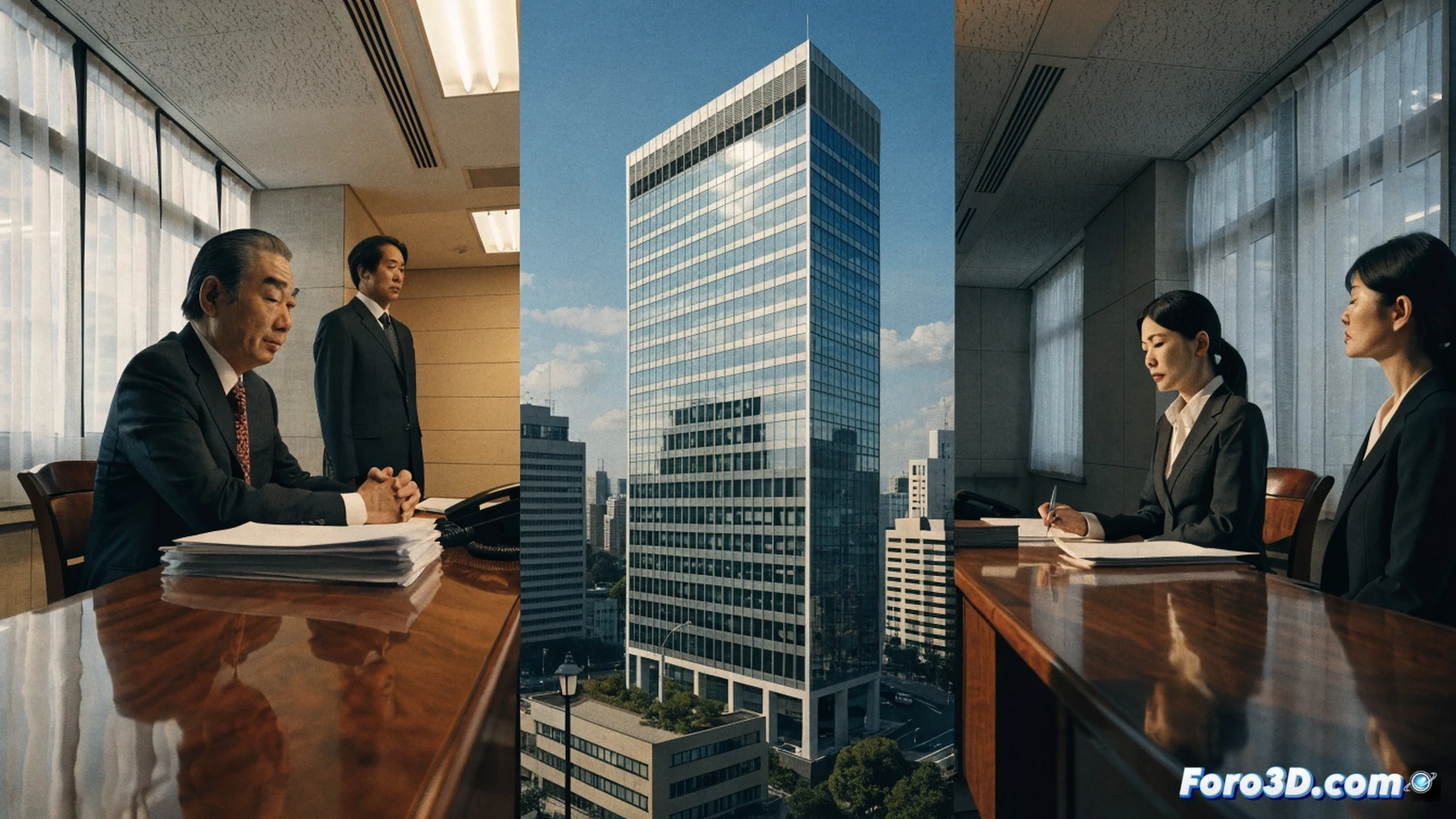 Japanese government office interior scene, a person holding a document labeled with a red stamp for relocation order, a desk with a computer screen showing a personnel transfer database application, a stack of files with a map of Japan and office location pins, a clock on the wall showing time passing, another employee packing a cardboard box with personal items while looking hesitant, realistic office lighting, subtle dust particles in the air, photorealistic technical illustration, neutral color palette with muted blues and grays, clear visual narrative of bureaucratic process review