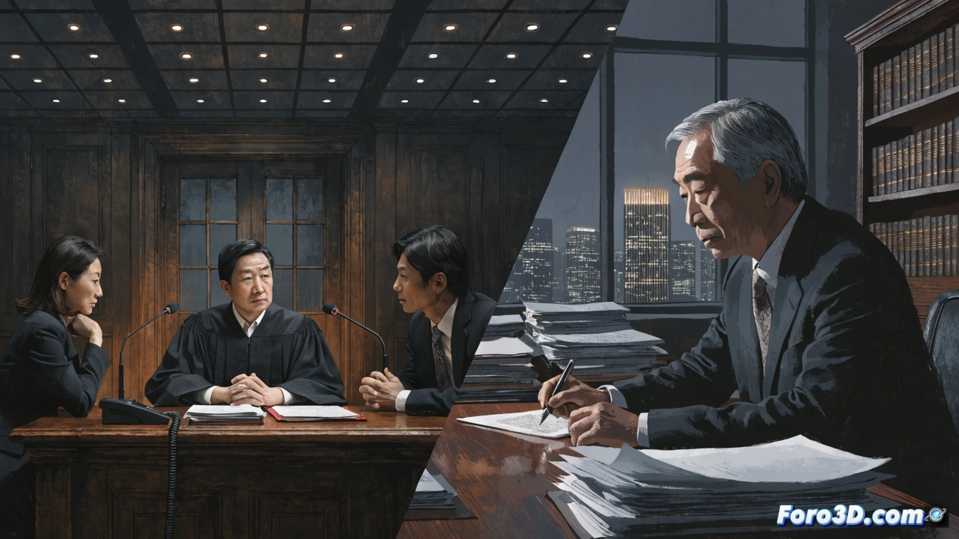 japanese courtroom scene, three family members filing a legal document at a clerk desk while a government lawyer holds a dismissal motion, digital evidence screens showing a denied bail application form and a 72-year-old man s medical records, holographic law code articles floating above the bench, photorealistic technical illustration, polished wood courtroom interior, dramatic overhead lighting, legal document textures, bureaucratic tension, ultra-detailed procedural elements