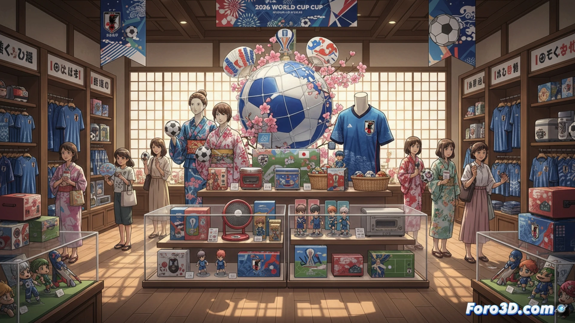 Japanese department store summer gift display, shoppers browsing shelves filled with soccer-themed merchandise, man holding a blue samurai-style jersey with embroidered crest, woman examining a mini figurine of a kicking player, countertop showing a rice cooker decorated with football patterns, traditional noren curtains with ball motifs hanging above, warm golden sunlight streaming through store windows, festive summer atmosphere, photorealistic retail scene, detailed fabric textures, glossy ceramic surfaces, shallow depth of field, cinematic lighting, soft bokeh in background, vibrant red and white color accents