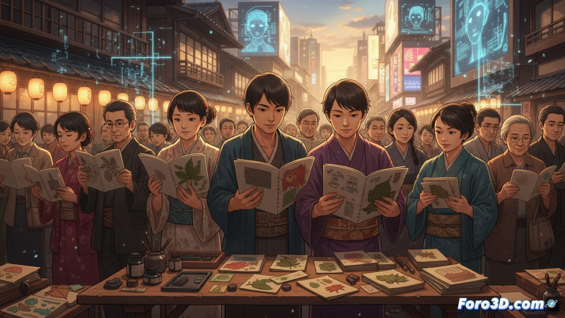 Japanese artist hands assembling a zine on a wooden desk, scissors cutting paper, glue stick and ink stamps nearby, another person reading a handmade booklet with visible staple binding, shelves of colorful zines behind them, contrasting with a glowing smartphone face-down on the table, warm paper texture and soft natural light, cinematic photorealistic style, shallow depth of field, creative workshop atmosphere, authentic handmade details, ultra-detailed paper fibers and ink smudges