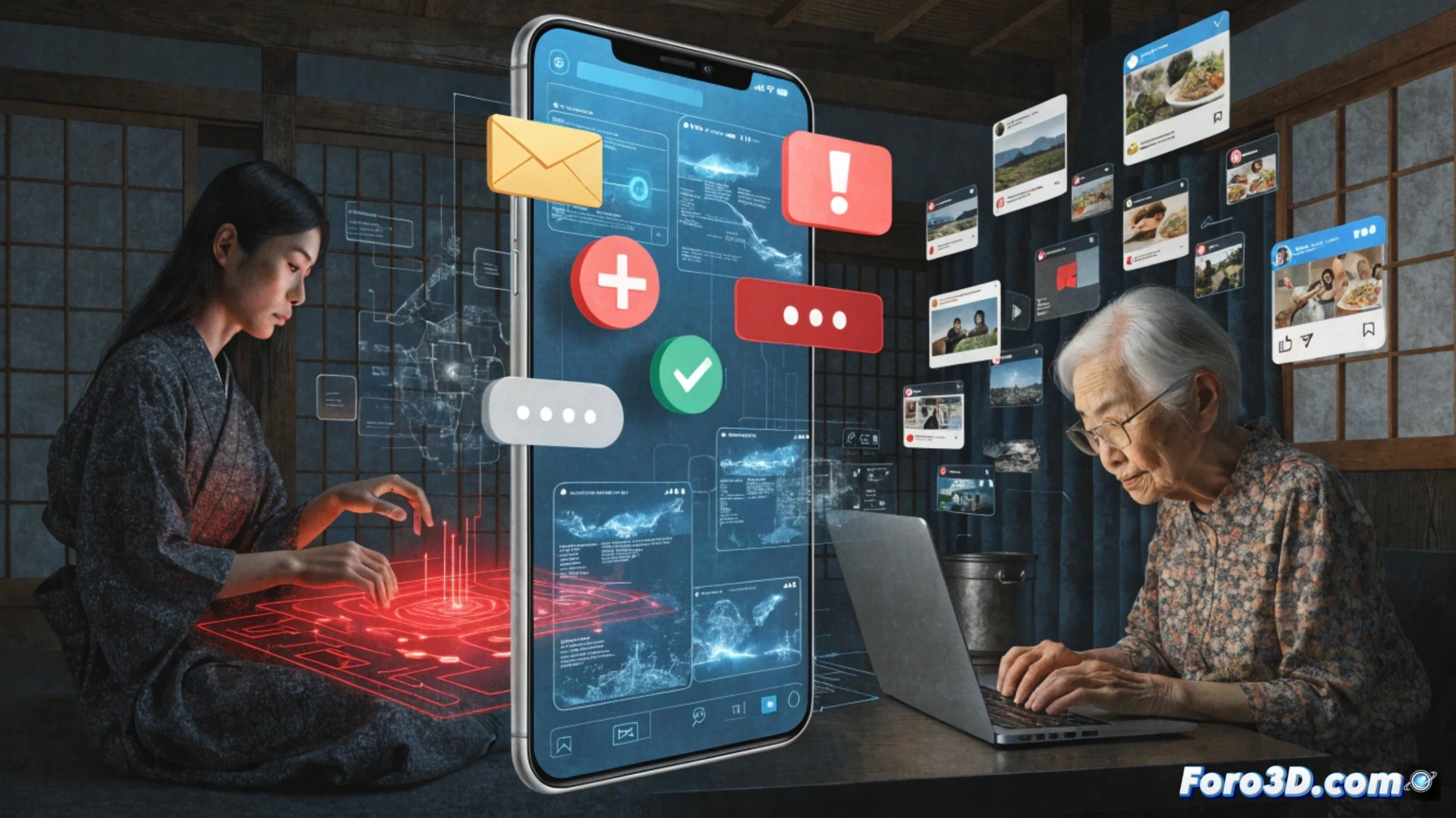 Elderly Japanese man in his 60s staring at a smartphone screen, visible phishing email with fake bank alert, scam message bubble with glowing red warning icon, digital padlock icon breaking apart, cyber security shield icon cracking, scammer silhouette reflected in phone screen, dark home office background, hands trembling while tapping phone, process of account compromise being demonstrated, cinematic photorealistic style, dramatic shadow lighting, blue and red neon glow from screen, ultra-detailed facial expression of concern, realistic Japanese interior with tatami mat visible, technical digital fraud illustration