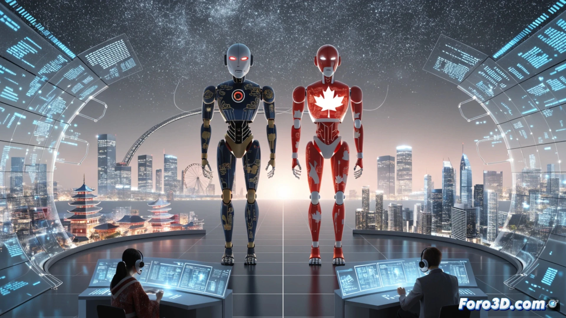 cinematic scene of a futuristic boardroom, a Japanese and a Canadian government official standing side by side, both urgently pointing at a glowing holographic dashboard displaying real-time AI adoption metrics, red warning indicators blinking for slow integration, a robotic arm assembling a quantum chip in the background, glowing neural network lines connecting across a digital map of both countries, photorealistic technical visualization, dramatic blue and amber lighting, sleek glass walls reflecting data streams, ultra-detailed hardware components, sense of urgency and competition