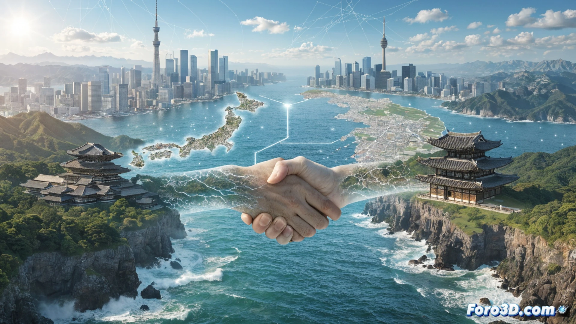 diplomatic meeting scene, two officials shaking hands across a polished wooden table, digital flags of Japan and South Korea displayed on dual monitors behind them, holographic economic graphs and security network diagrams floating between the participants, stylized data streams connecting both flags, photorealistic corporate visualization, warm ambient lighting, subtle lens flare on glass surfaces, clean modern conference room with blue and white tones, hands mid-gesture showing agreement, technical illustration style