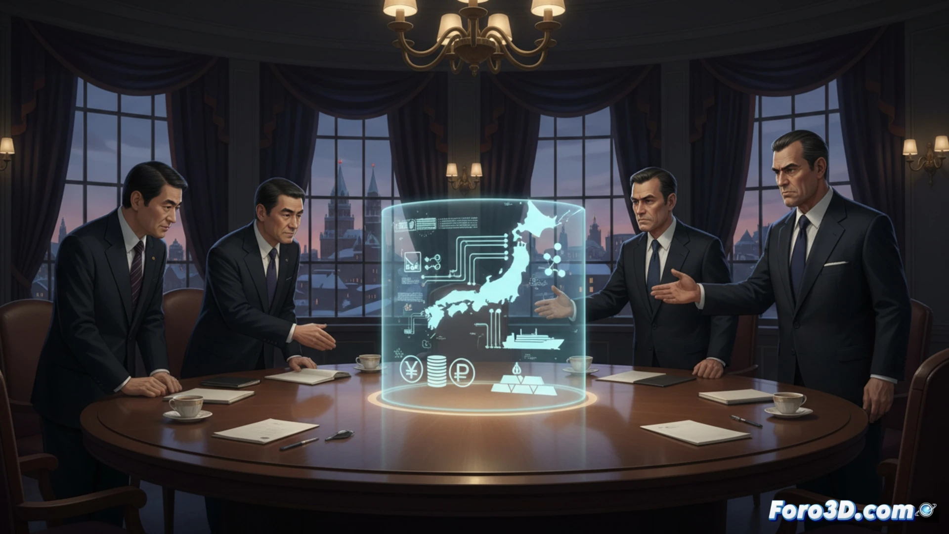 Japanese and Russian executives shaking hands across a polished wooden conference table, a holographic projection of LNG terminal blueprints and metal ore supply chains floating above the table, documents with financial charts and energy pipeline maps spread between them, subtle tension in body language but focused negotiation gestures, large windows showing Moscow skyline with snow-covered buildings and distant Kremlin spires, cold winter light filtering through, photorealistic corporate meeting scene, neutral business suits, briefcases open with technical reports visible, energy infrastructure diagrams on digital tablets, dramatic chiaroscuro lighting emphasizing the pragmatic deal-making atmosphere, ultra-detailed textures of wood grain, glass, and fabric, cinematic composition with shallow depth of field