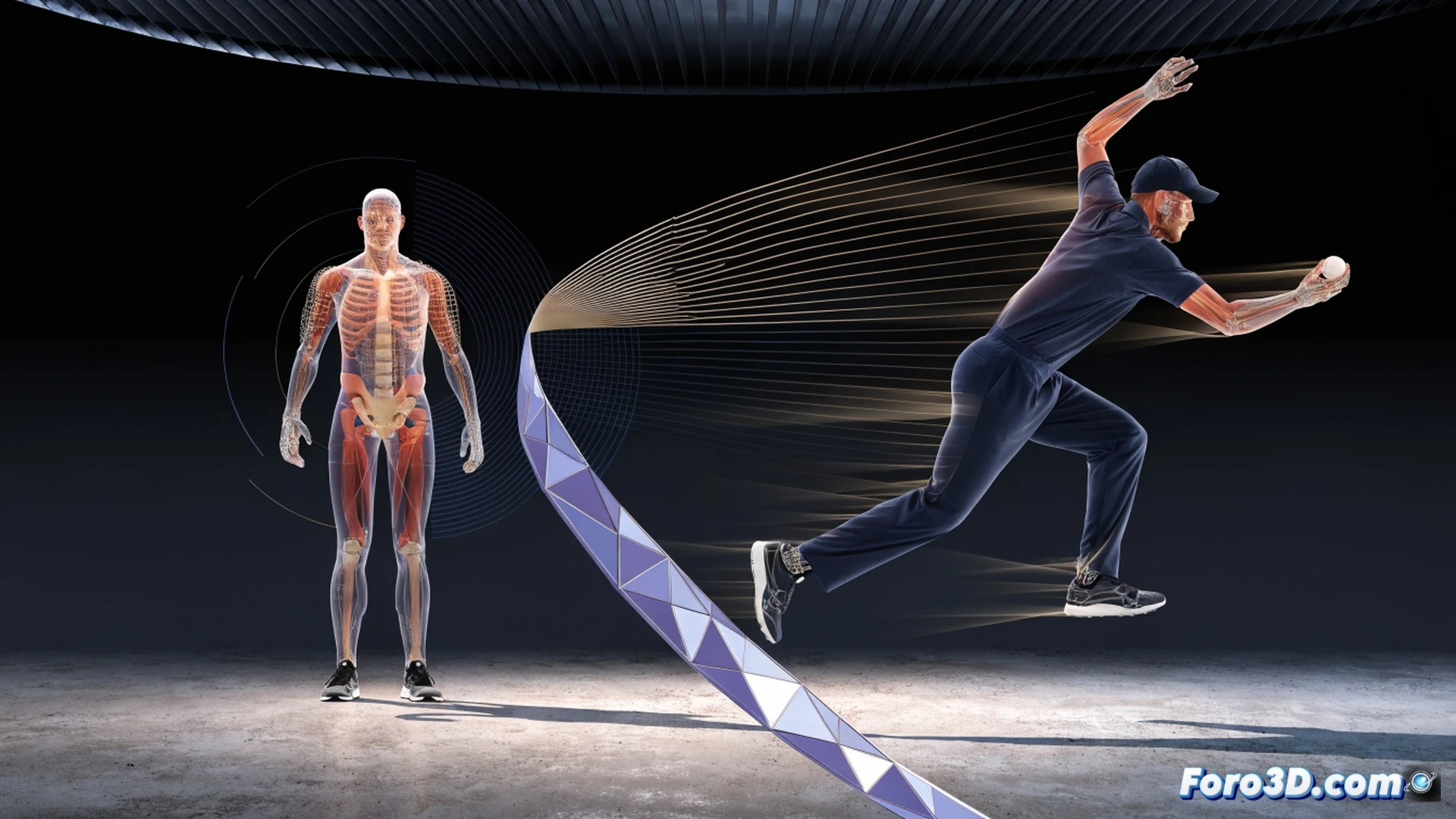 Jason Holder bowling action at delivery stride, 2.01 meter tall figure generating steep bounce, cricket ball leaving hand at medium height with seam angled for lateral movement, smooth biomechanical motion showing minimal joint strain, wireframe skeleton overlay highlighting shoulder rotation and hip alignment, kinematic arrows tracing energy flow through legs and torso, motion capture dots on knees and ankles demonstrating reduced articular wear, photorealistic engineering visualization, dark studio background with three-point technical lighting, ultra-detailed muscle definition under skin, high-speed shutter effect freezing ball deformation against fingertips, cinematic depth of field